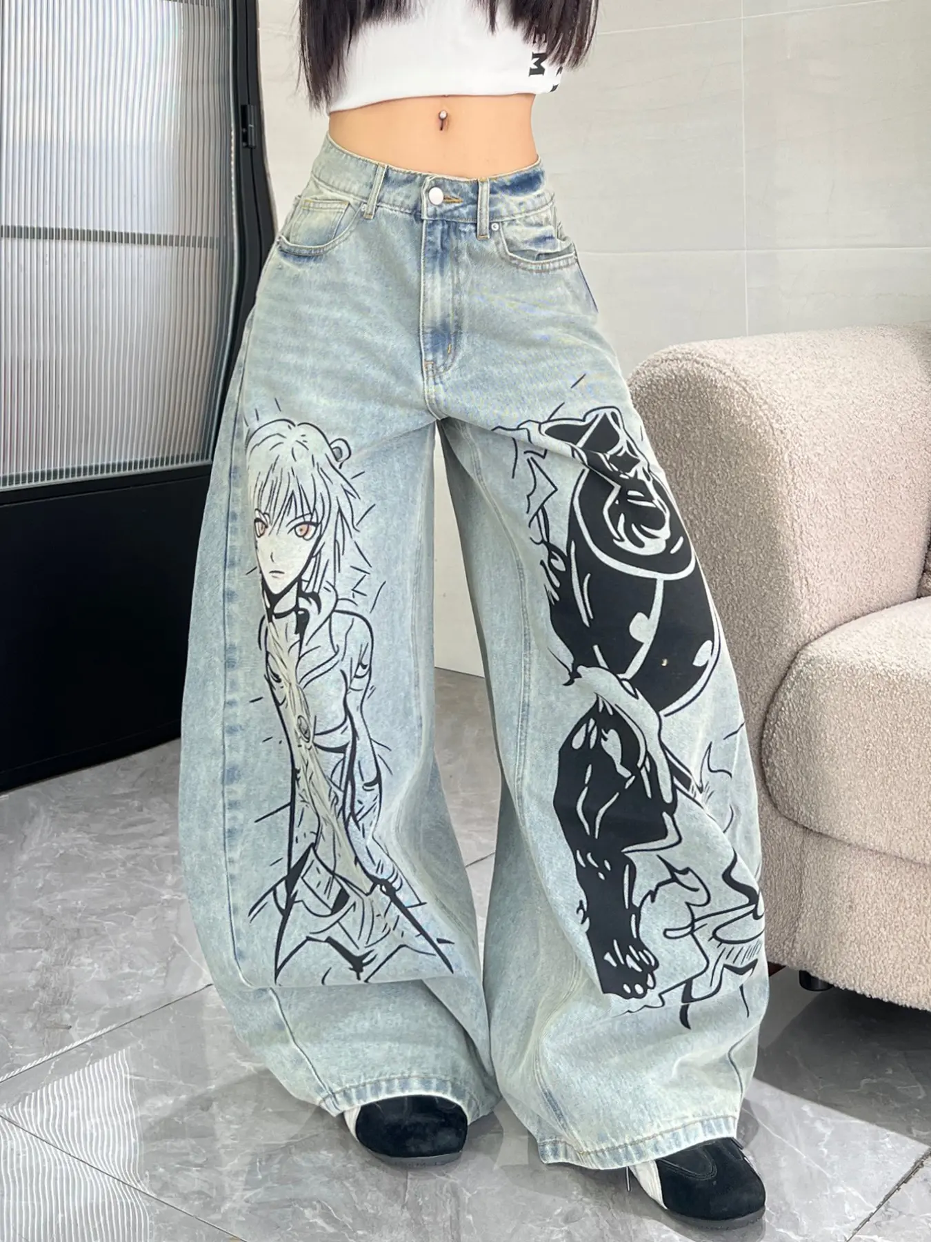 Women's High Waist Slim Fit Denim Jeans, Cartoon Anime Graffiti Print, Y2K Streetwear Fashion, Loose Long Pants, Baggy, No Belt Included