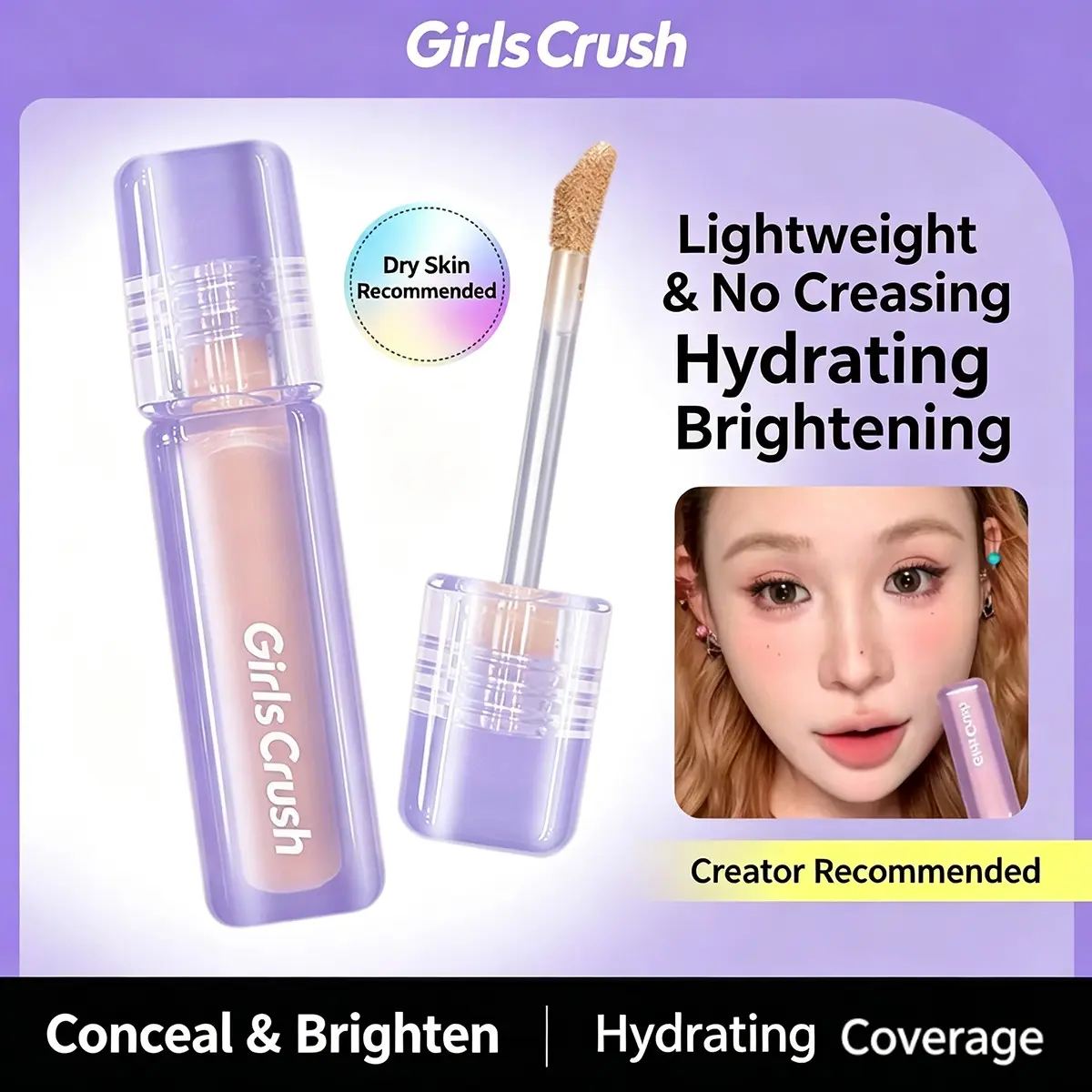 Girlscrush Liquid Concealer, Long-Lasting SPF Coverage, Natural Finish, Covers Dark Circles, Acne Marks, Crow's Feet, Brightening
