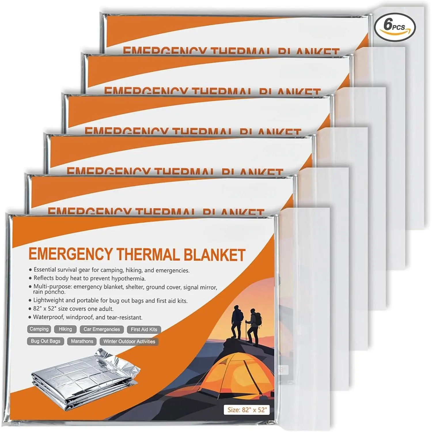 Mylar Thermal Blankets 6-Pack – 82"x52" Space Blankets for Camping, Hiking, ,  ,  Out Bag, and Cold Winter Outdoor Activities