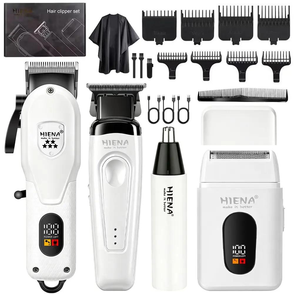 HIEAN Home Hair Trimmer, Suitable for Family Barbers, Wireless Rechargeable Hair Trimmer with LCD Power Display, Equipped with 8 Directional Combs, USB Fast Charging Electric Haircut Set, Ideal for Home Use and Travel Grooming, White
