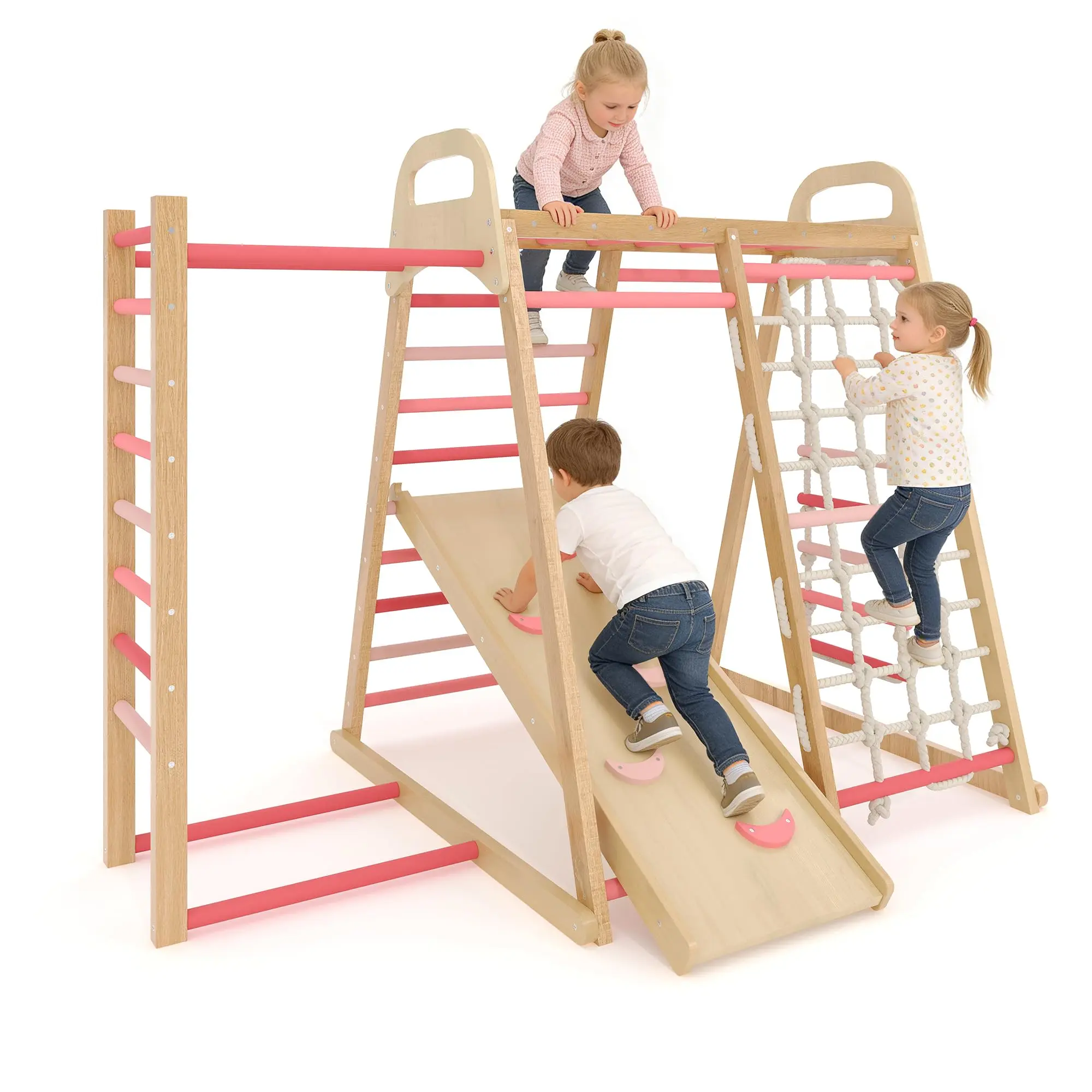 GARVEE 7-in-1 Solid Wooden Indoor Toddler Jungle Gym, Sturdy Multi Play Structure with Climbing Frame, Slide, Swing, Monkey Bars & Climbing Ramp, Kids Sensory Training Play Set, Quick Easy Assembly