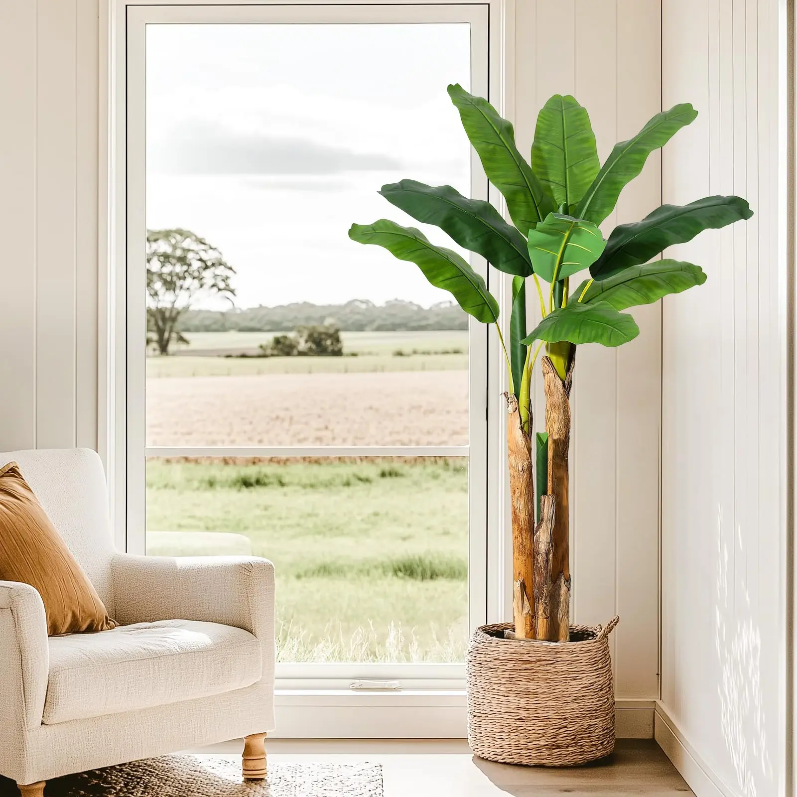 Lifelike Artificial Banana Tree, 5ft 6ft Faux Tropical Plant with Planter Pots & Fake Moss, Large Real Touch PE Leaves Faux Tree for Indoor Living Room Office Home Decor, Zero Maintenance Fade Resistant Floor Greenery