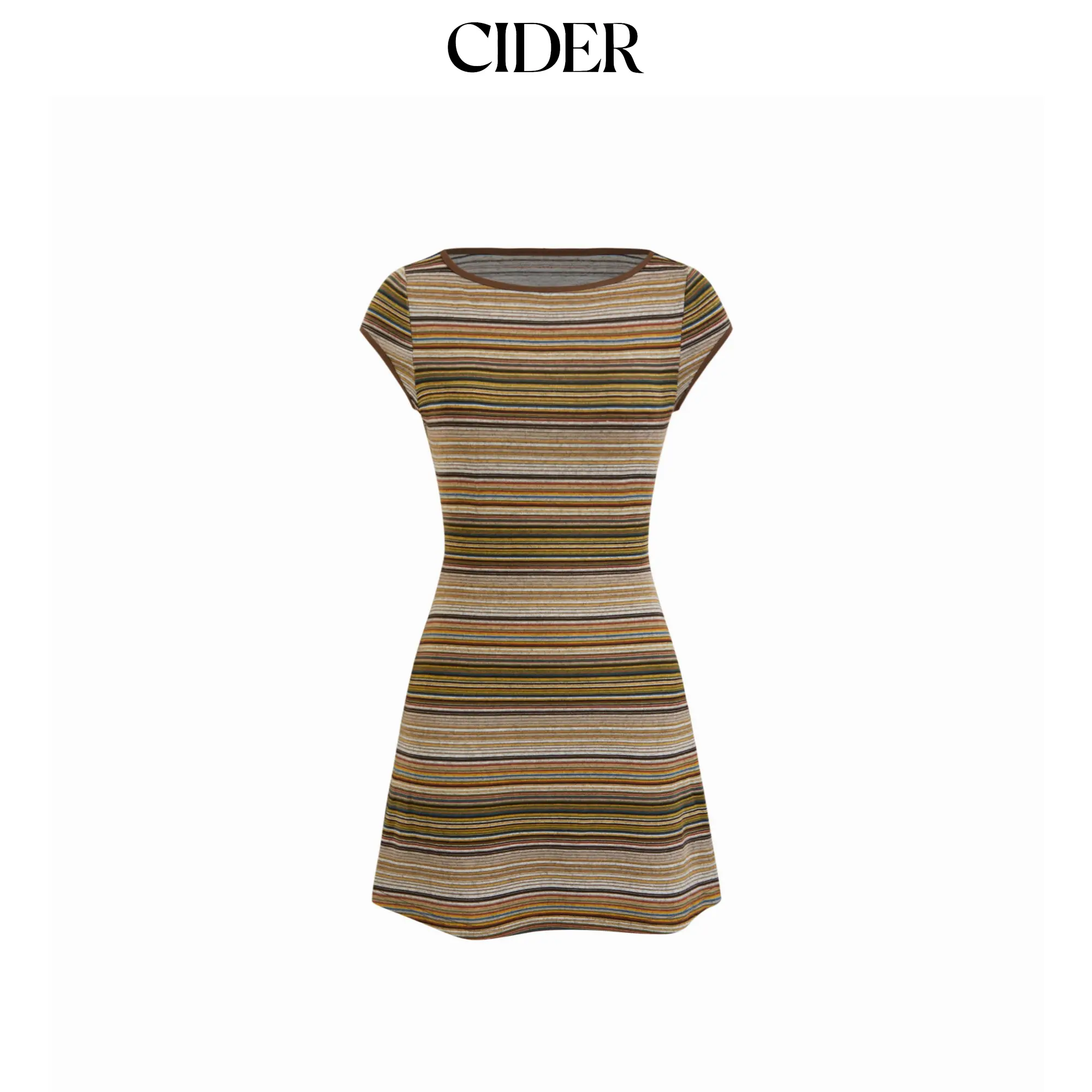 Cider High Stretch Textured Striped Boat Neck Short Sleeve Colorblock A-line Mini Dress