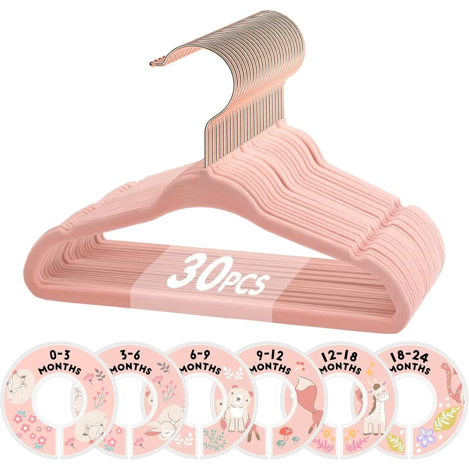 30‑Pack Pink Velvet Non‑Slip Baby Hangers with 6 Size Dividers, 11 Inch Compact Slim Hangers for Infant & Toddler Clothes, Nursery Closet Storage & Organization Supplies