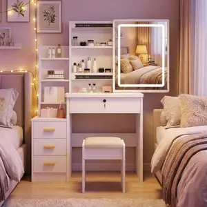 Makeup Vanity Desk With Sliding Mirror And Lights, Featuring Drawers, Stool And Open Shelves, 3 Color Lighting Modes Brightness Adjustable Dressing Table For Bedroom
