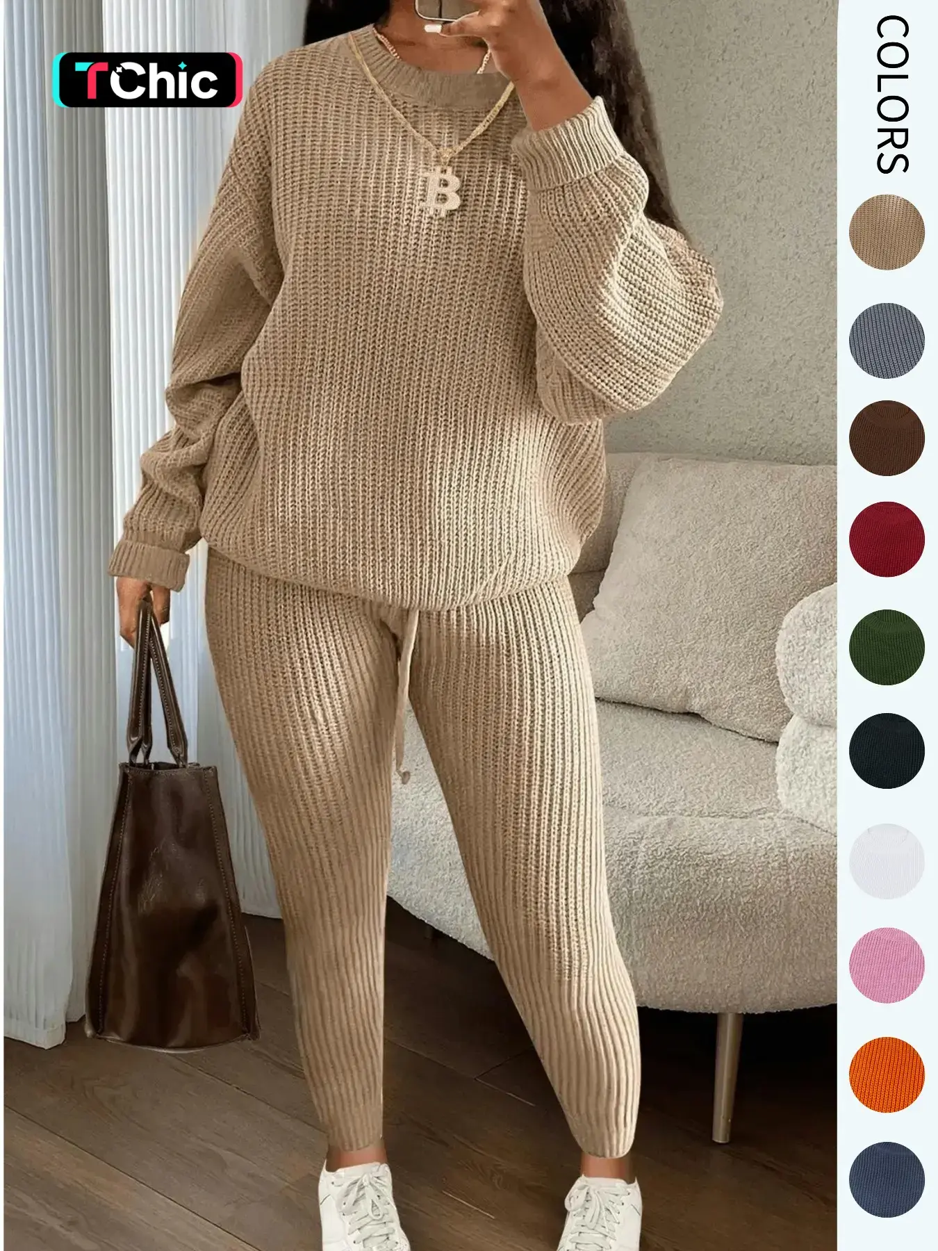 Women's Solid Round Neck Drop Shoulder Long Sleeve Baggy Sweater & Drawstring Waist Pants Knit Set, Casual Cozy Knitwear for Daily Outdoor Wear, Ladies Fall & Winter Outfits, Women's 2 Pcs Sweater Set, Clothes, Style, Womenswear