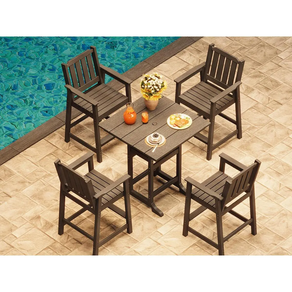 Garvee Durable 5-Piece HDPE Outdoor Adirondack Bar Set – All-Weather Patio Bar Table & 4 Bar Height Chairs with Armrests and Umbrella Hole – Garden Furniture for Balcony, Backyard, Poolside, Bistro