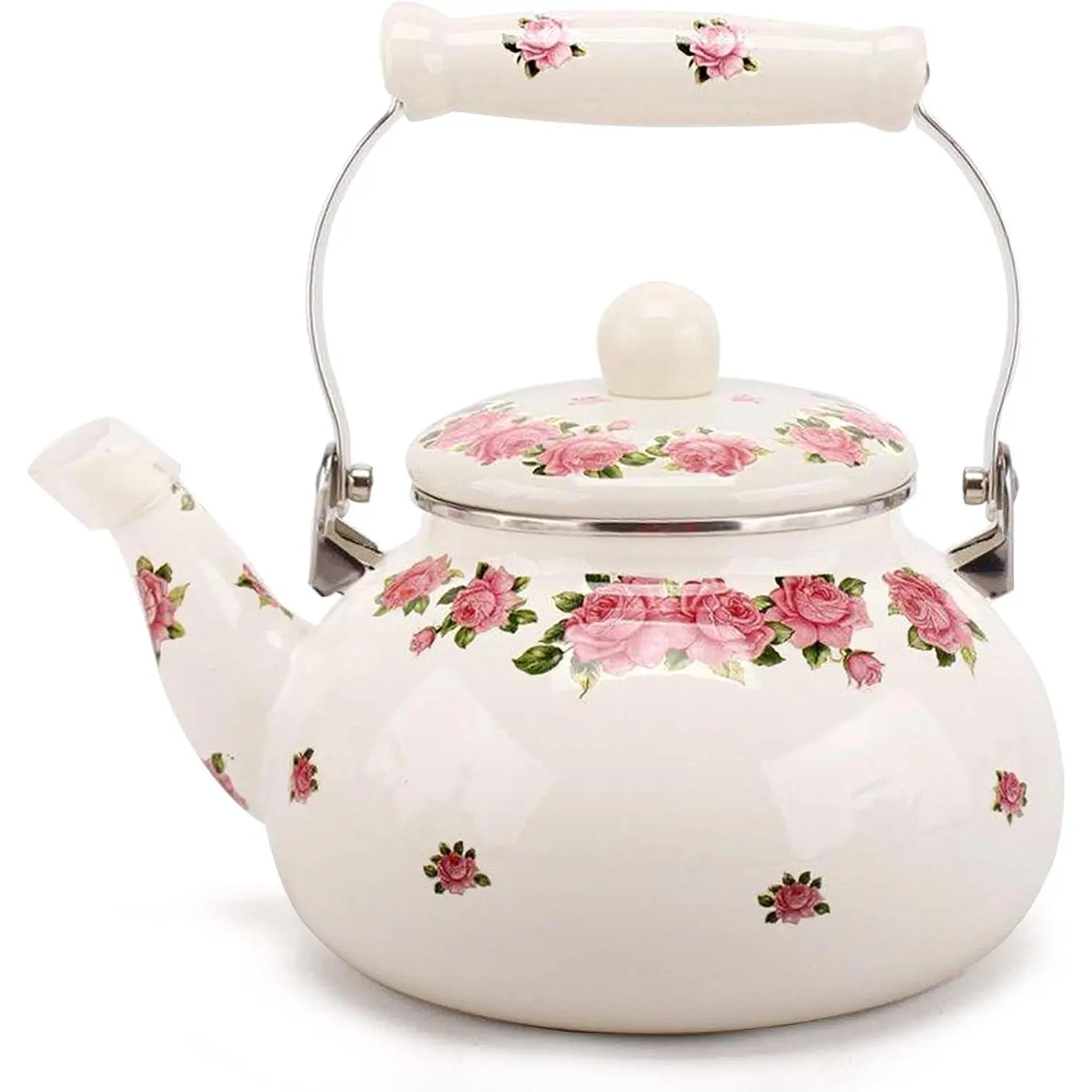 2.6-Qt Pink Floral Enamel Tea Kettle, No Whistle | Enamel-on-steel kettle with ceramic handle; 2.5 L full capacity; for gas, electric, ceramic, halogen and induction.