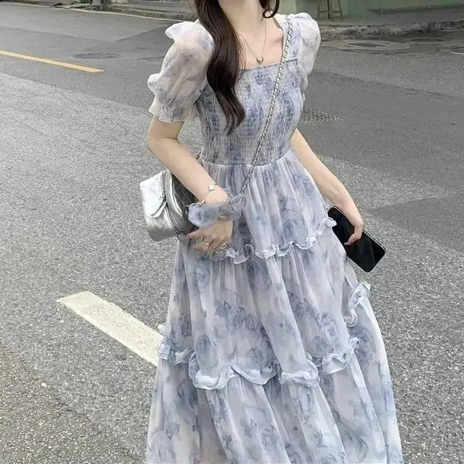 Women Dresses 2026 temperament super fairy waist-cinched square neck puff sleeve floral long dress women's clothing vestidoes