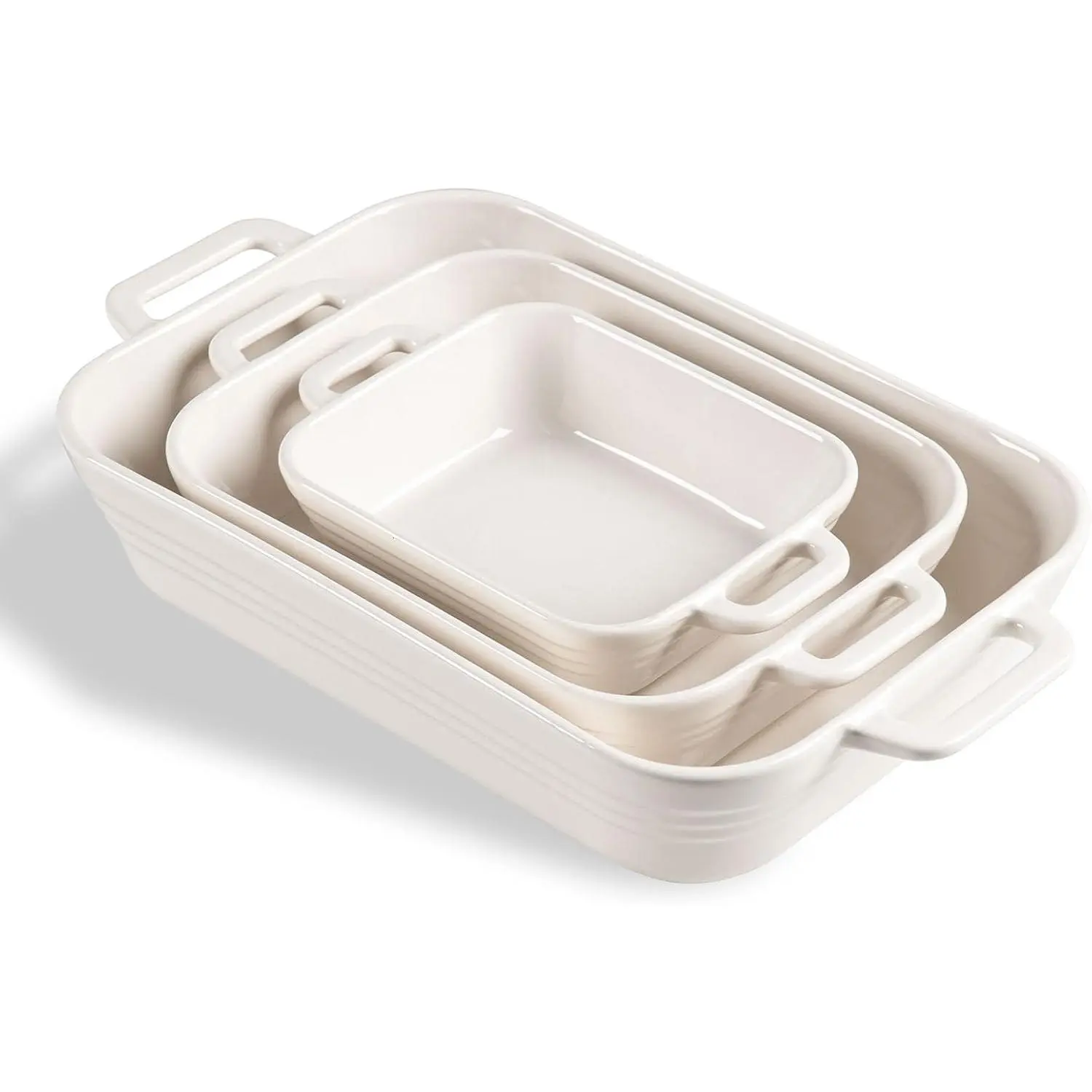 Casserole Dishes for Oven, Ceramic 9x13 Baking Pans Set for Cooking, Cake, Banquet and Daily Use, Rectangular Bakeware Set, Porcelain Baking Dish, Lasagna Pan Deep with Handles(White)