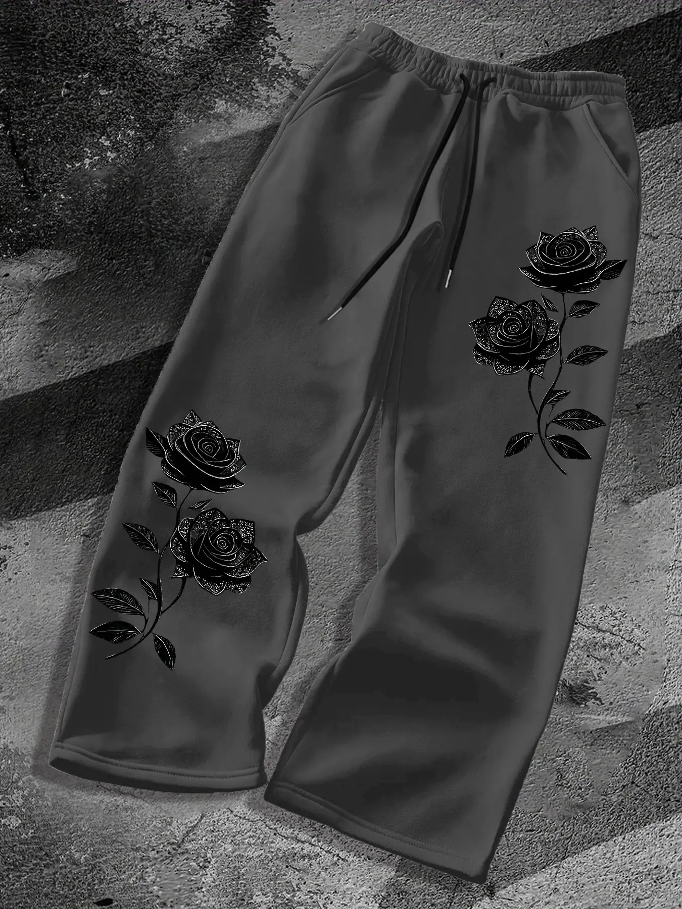 Men's Vintage Rose Floral Graphic Print Drawstring Wide Leg, Baggy Oversized Sweatpants Casual Wear Bottoms Casual Streetwear Jogger Pants for Daily Outfit #MensSweatpants #RosePrintPants #WideLegTrousers #StreetStyle