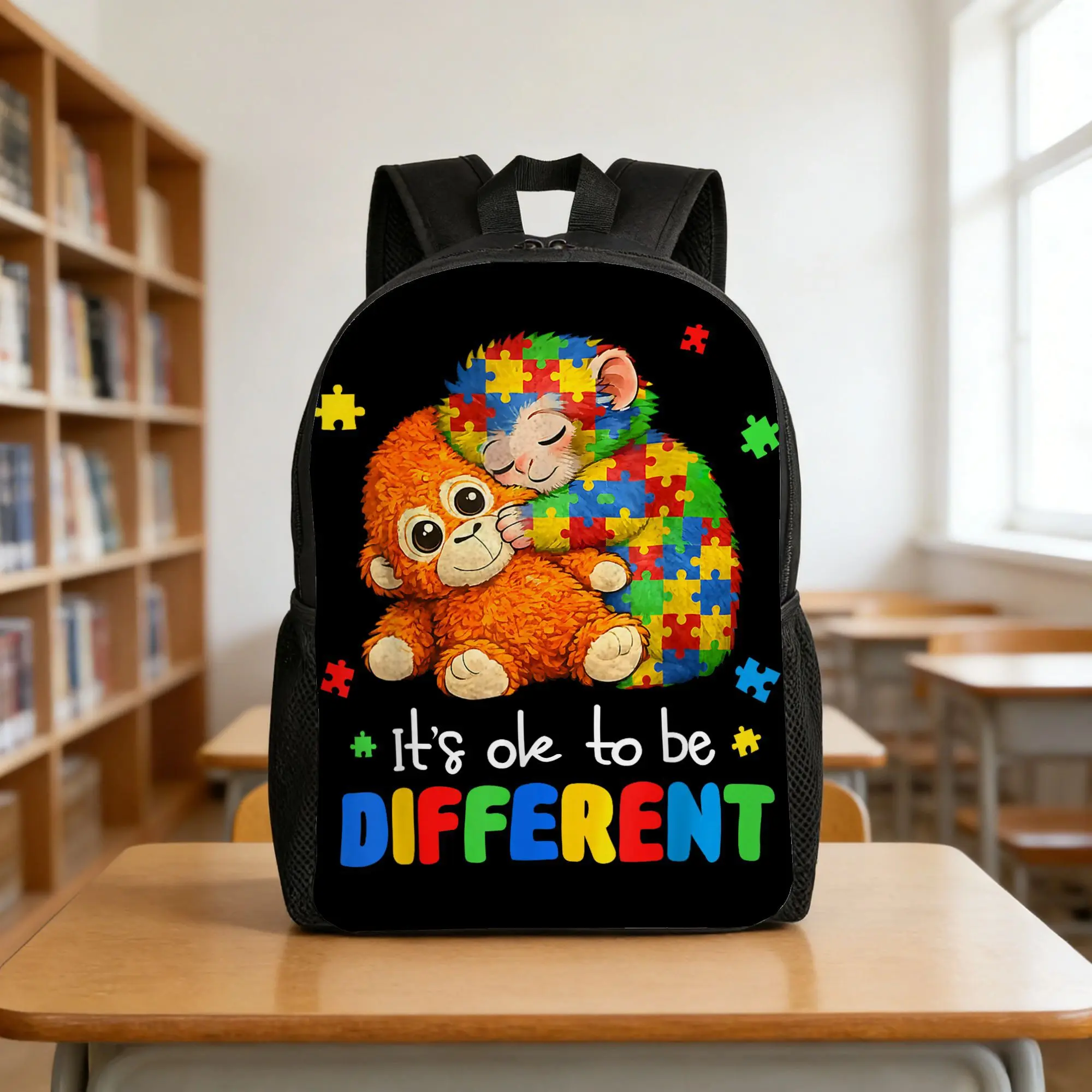 "Autism Awareness 'It's Okay to Be Different' Adjustable-Strap Backpack, Minimalist Polyester Waterproof Lightweight Boxer Monkey Laptop Bag with Zipper Closure, Back-to-School Gift for Teens"