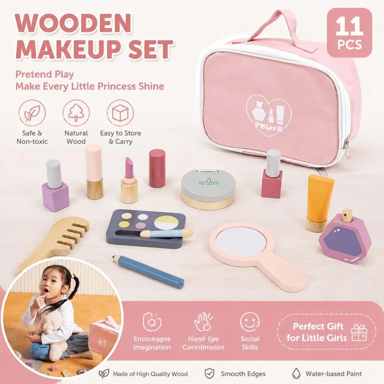 Wooden Makeup Set, 11-Piece Doll Play Toy, Safe Non-Toxic Beauty Storage Box, Early Learning Role-Play Gift for Boys and Girls