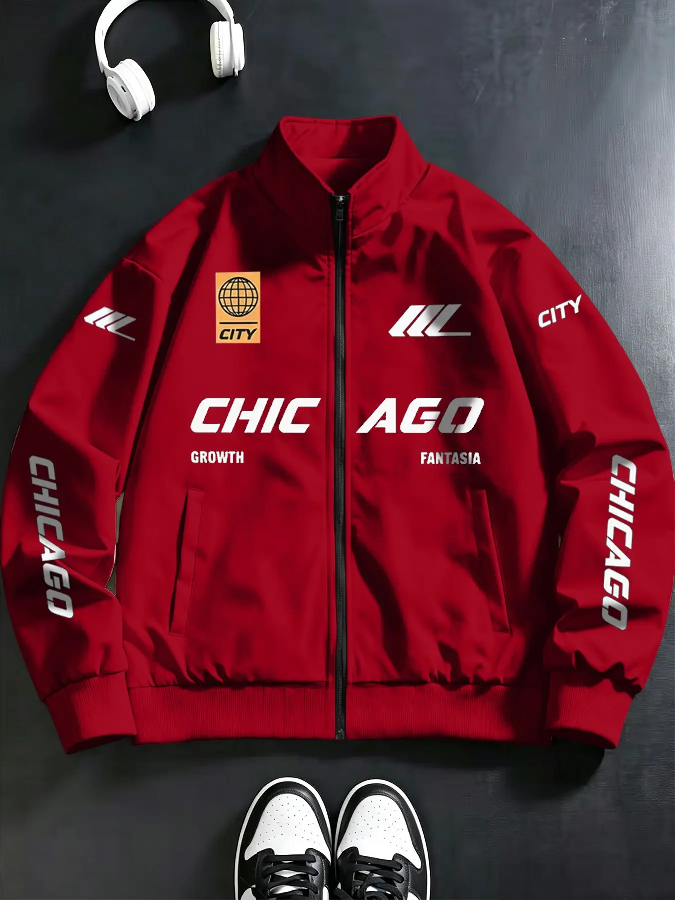 Men's Chicago Letter City Zipper Baseball Jacket, Smooth Wrinkle-Resistant Windproof Fabric, Casual Spring Fall Lightweight Coat