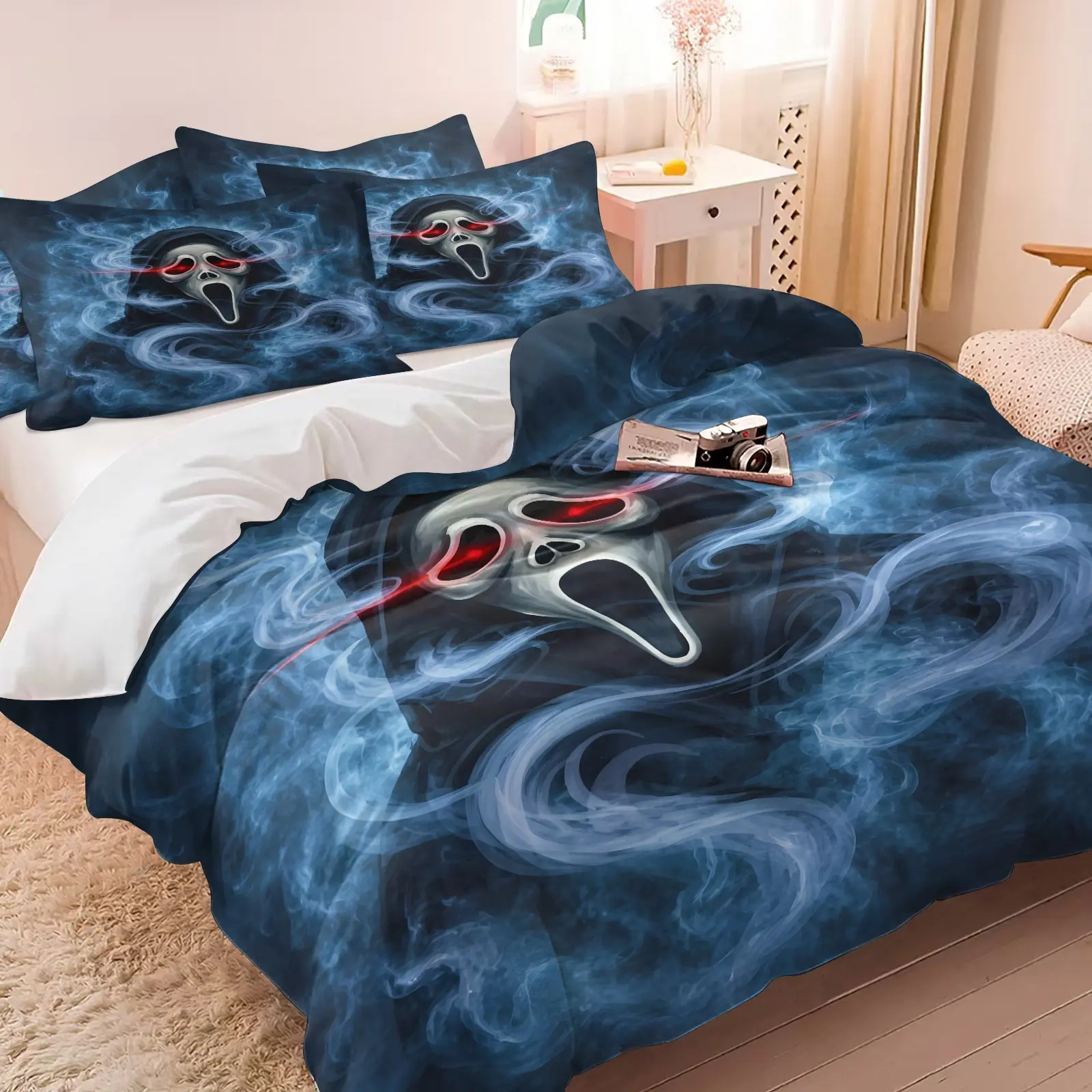 3PCS Spooky Ghostface Scream Duvet Cover Set (1 Duvet Cover + 1‑2 Pillowcases, No Comforter), Soft Breathable Durable Microfiber Bedding, Dark Blue Mist Glowing Red‑Eye Ghost Mask, Horror Halloween Bedroom Decor for Teens