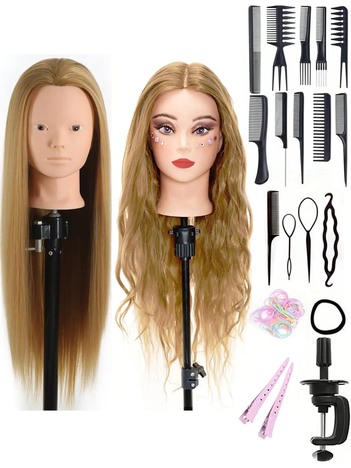 26 Inch Mannequin Head with Hair, Braiding Hairdressing Doll Head, Hair Styling with Table Clamp, Makeup Cosmetology Practice Head, Hairdressing Tools