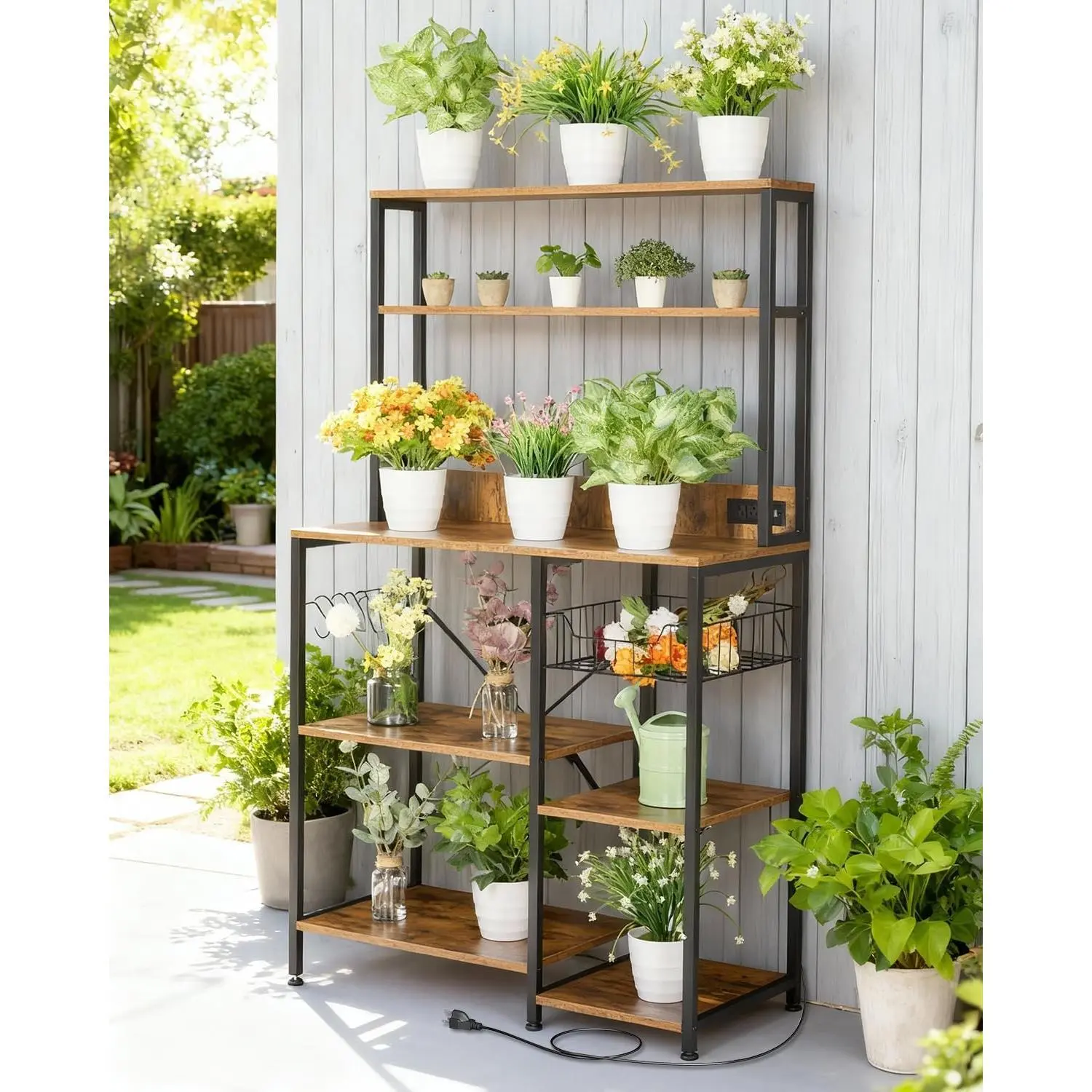 Garvee Large Rustic Brown Bakers Rack with Power Outlet - 4-Tier Kitchen Storage Shelf and Microwave Stand - Includes 5 S Hooks - Metal & Wood Organizer for Spices, Pots, and Appliances - Adjustable Size 35x60 to 55x66 inches