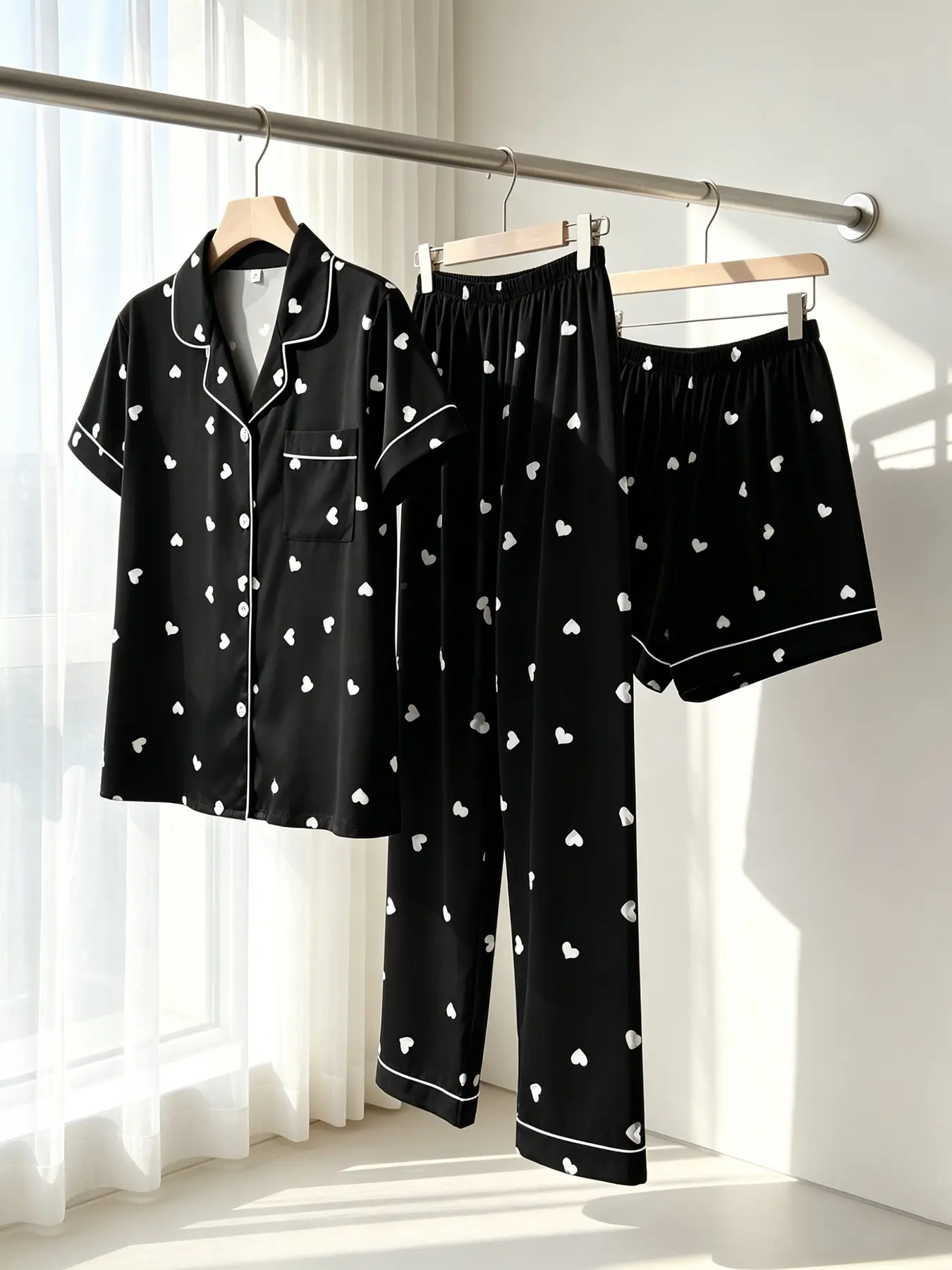 Women's 3-Piece Button-Down Pajama Set, Short Sleeve Top Shorts & Long Pants, Black White Heart Print, All Season Wear, Loose Fit, Minimalist Aesthetic Casual Day-to-Night Loungewear, Pjs, Pyjamas, Nightwear