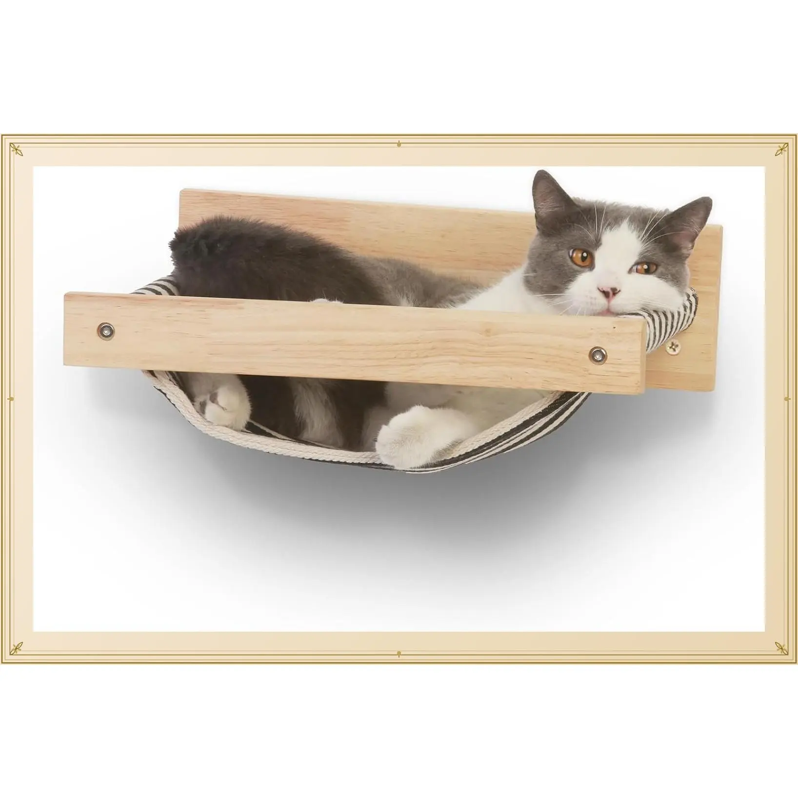 Wall Mounted Cat Hammock Bed & Wooden Perch Shelf for Kittens - Sturdy Cat Climbing Furniture for Sleeping, Playing, Lounging, Black StripeGift