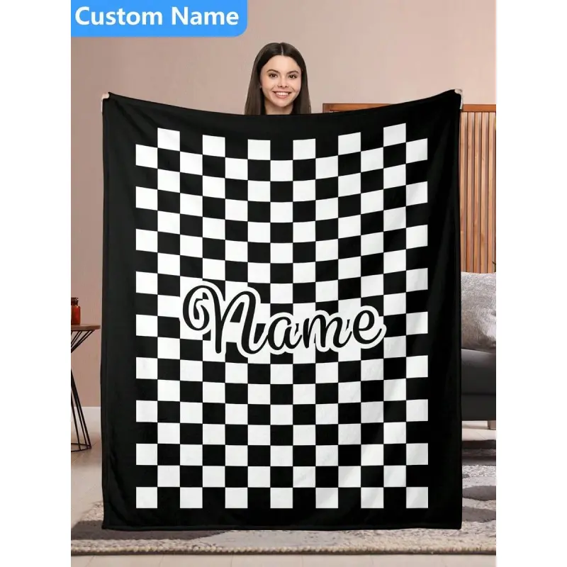 Customized Name Black White Checkered Grid Flannel Throw Blanket - Soft, Cozy, Warm, Wrinkle Resistant, Multi-Size, Racing Theme, Glam Wedding Milestone Gift, All Seasons Bedroom Couch Decor