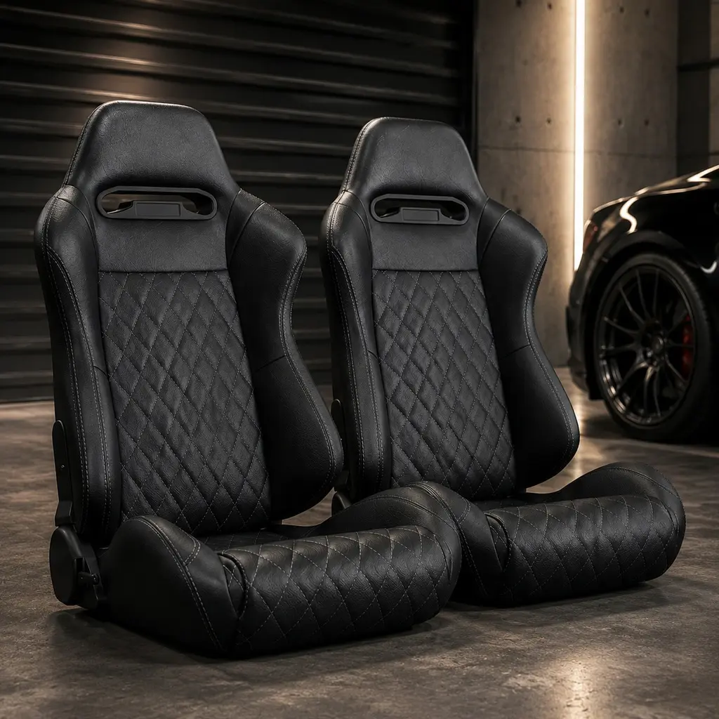 Universal Racing Seats Pair PVC Leather Reclinable Carbon Look Black/Black+Gray/Brown Options with Dual Lock Sliders Adjustable 90-180 Degree Ergonomic Foam Padding Thick Steel Frame for Car Truck SUV 2PC Set
