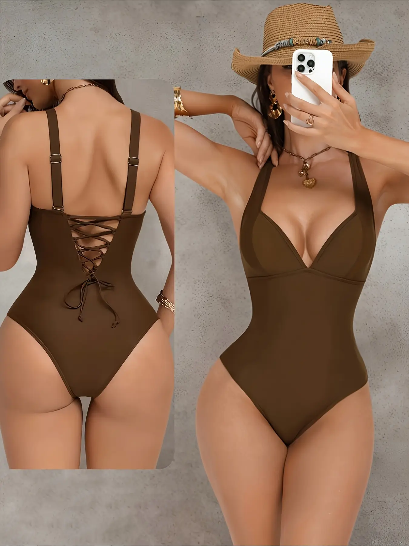 Deep V Neck One Piece Swimsuit for Women Brown Cross Back Tie Side Push Up Tummy Control Bodysuit Sexy Sling Swimwear Adjustable Straps Beach Vacation Bikini
