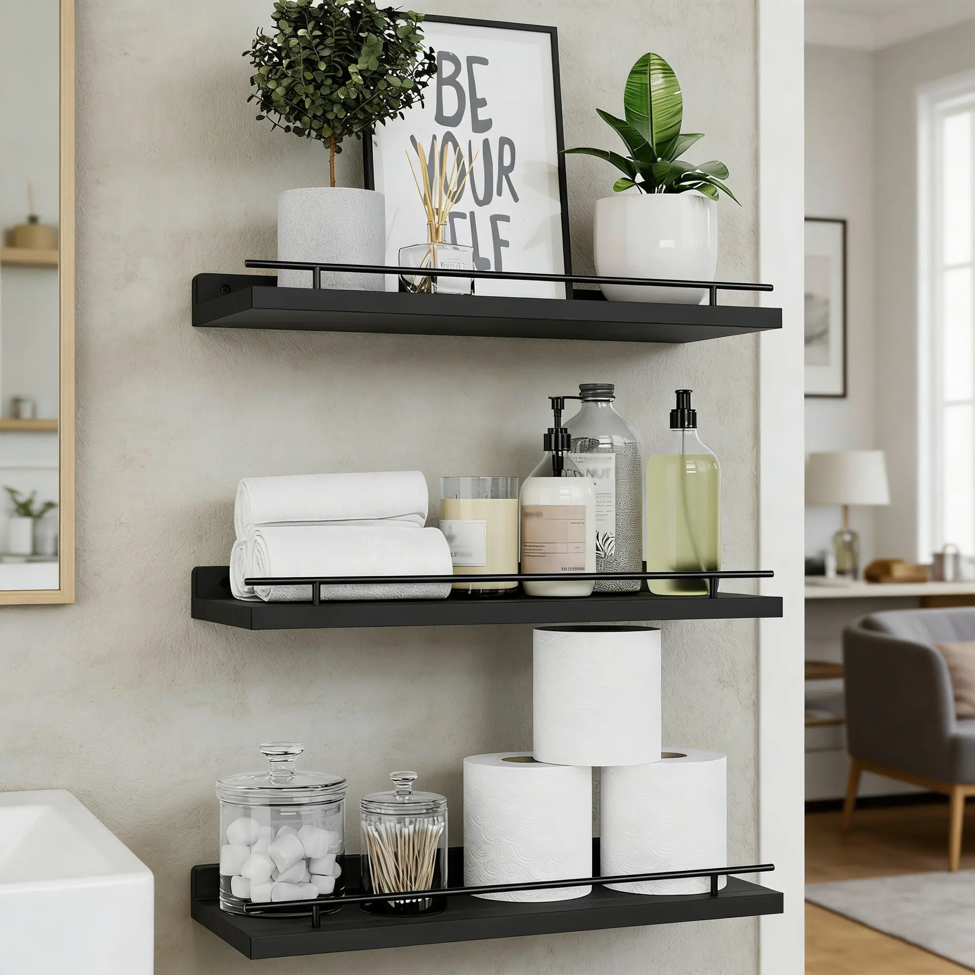 Set of 3 Wooden Storage Racks Bathroom Kitchen Storage Racks Floating Racks with Black Metal Guardrails Wall Shelves Decoration Floating Wall Racks Home Decor