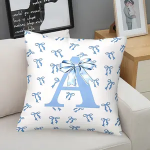 Coquette Blue Bow Initial A-Z Throw Pillow, Preppy Monogram Cushion Accent Pillow with Pillow Core, Soft Comfortable Home Decor Pillows for Sofa Bedroom Dorm, Gift for Children, Teenagers and Girls