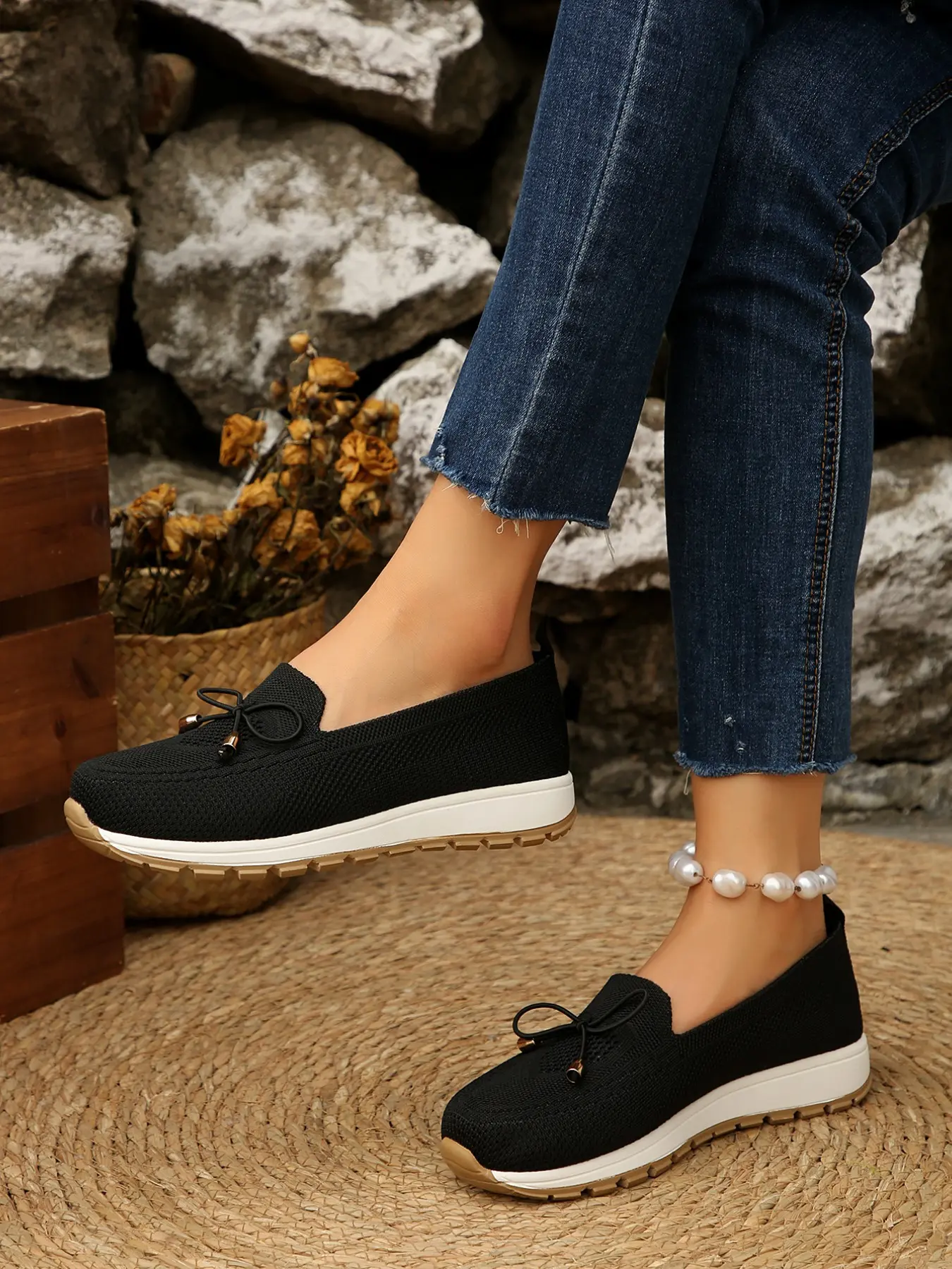 Spring Summer Breathable Mesh Bow Loafers Women, Slip-On Chunky Heel Bean Shoes, Anti-Slip Invisible Height Boost, Casual Comfort Breathable Summer Footwear