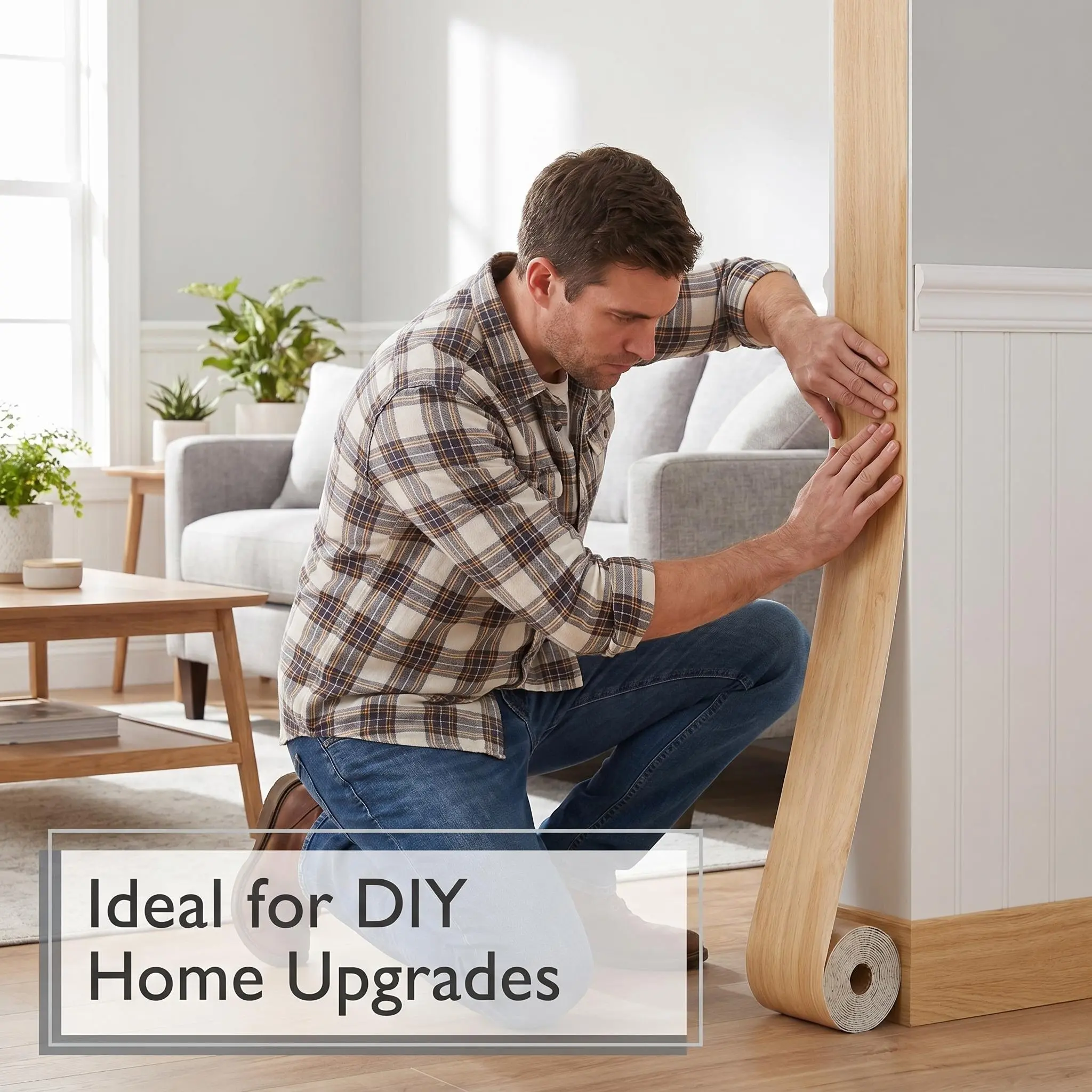 Peel and Stick Wood Grain Baseboard Trim, Self-Adhesive Waterproof PVC Skirting Line, Flexible Interior Wall Border Sticker for DIY Home Upgrade