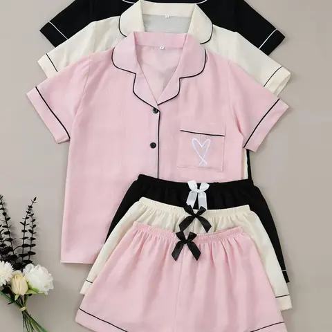 4/6 Piece Heart Embroidered Pajama Set, Short Sleeve Button Front Top and Elastic Waist Shorts, Women's Sleepwear and Loungewear