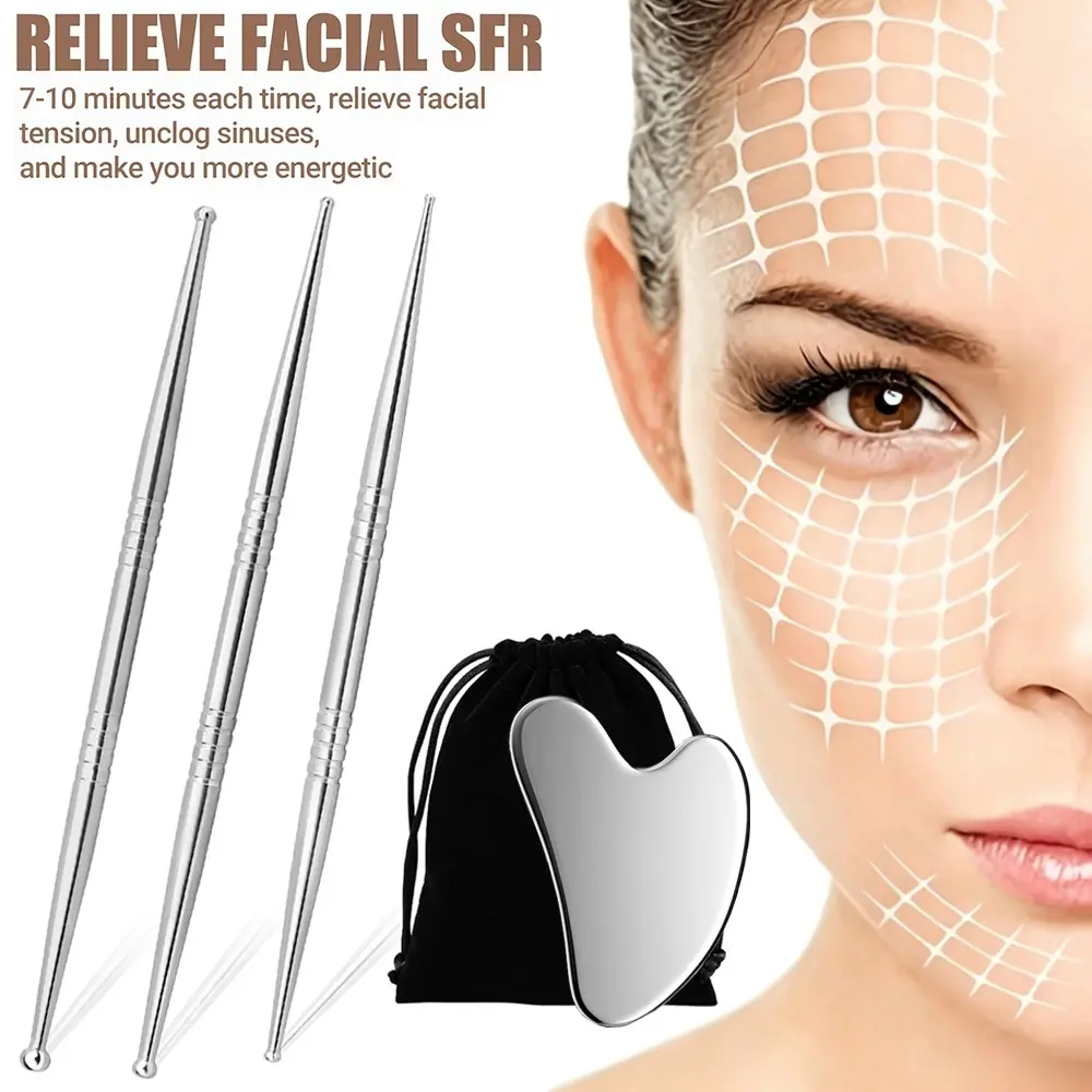 4-Piece Stainless Steel Massage Tool Set, Includes Heart-Shaped Fascia Scraper & 3 Massage Sticks, Ideal for Facial, Hand, Full Body Care