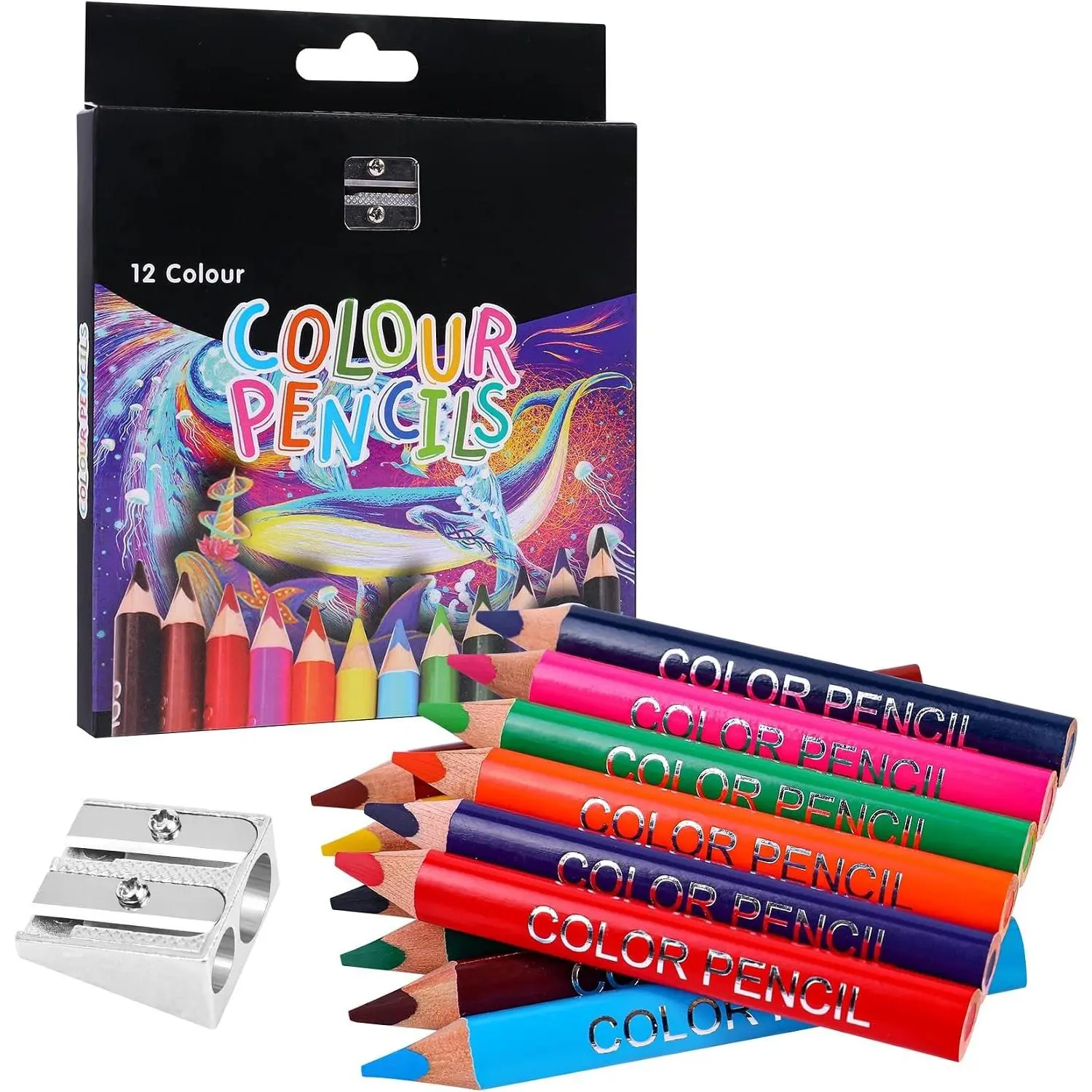 Short Triangular  Colored Pencils with Sharpener, 12 Colors | , Pre-Sharpened Design for Grip. Art Supplies  for School, Students, Beginners for Drawing, Doodling and Coloring Book