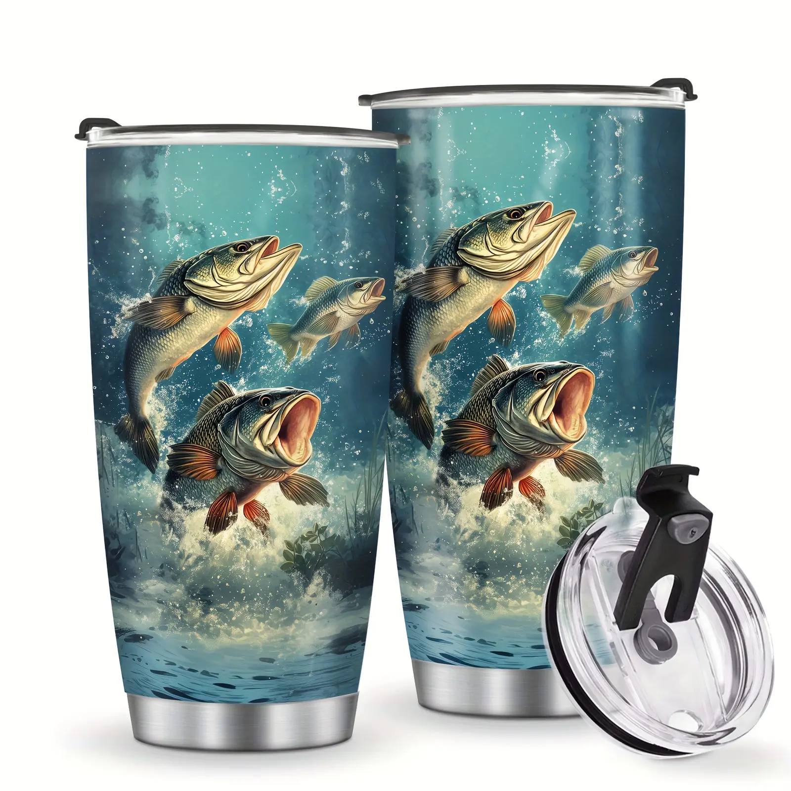 20oz Bass Fish Vacuum Insulated Tumbler with 2-in-1 Airtight Leakproof Lid, Sweat-Proof Stainless Steel Travel Mug, Fishing Themed Drinkware Gift for Fishermen, Dad and Anglers