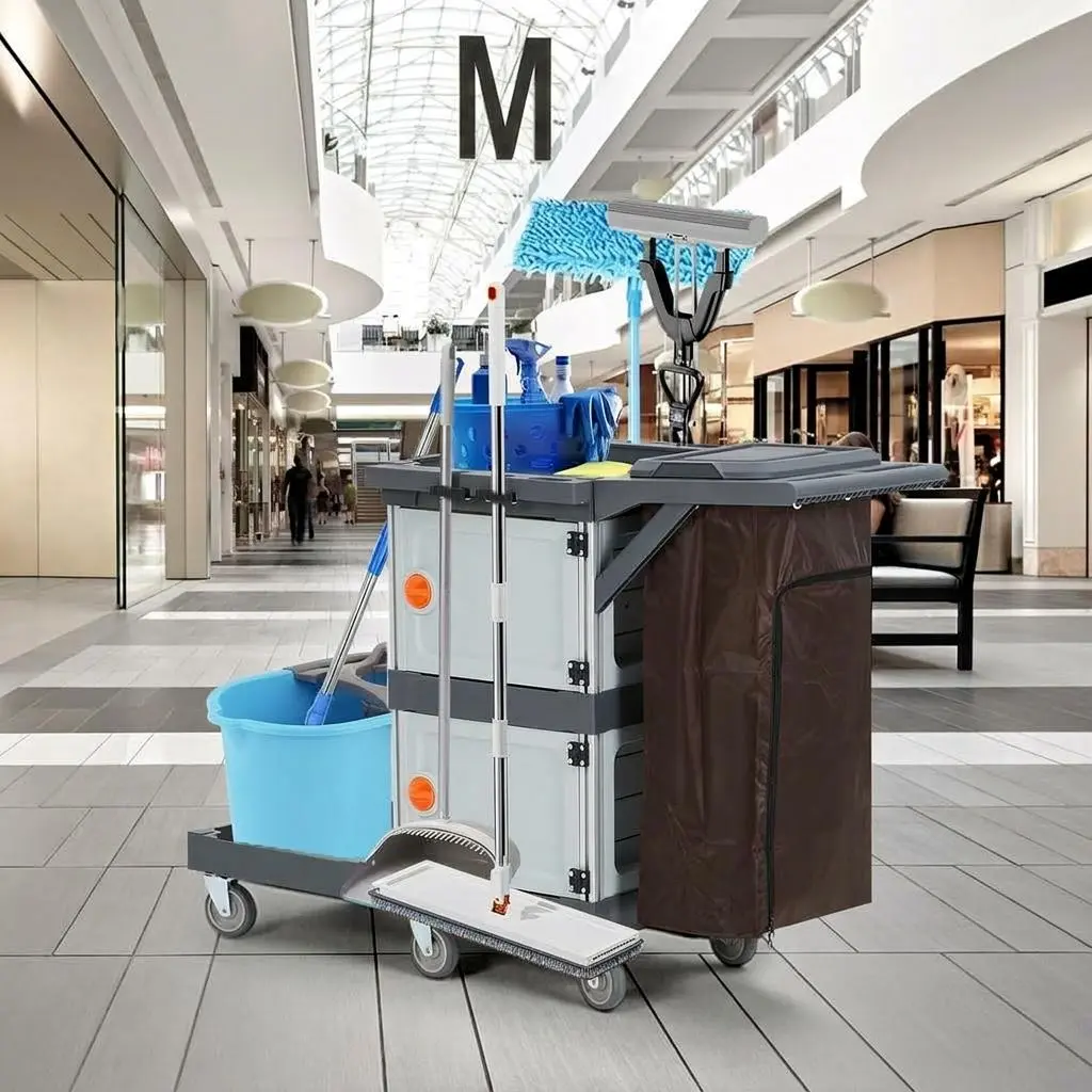 Commercial Janitorial Cleaning Cart with 2-Tier Tool Shelf, Lockable Cabinets, Oxford Bag, Rolling Housekeeping Cart with Dust Cover, Heavy Duty Cleaning Cart for School, Hotel, Apartment