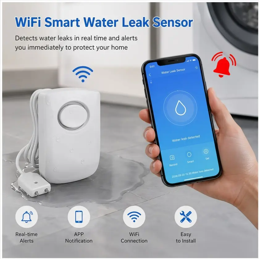 WiFi Water Leak Sensor, Motion Sensor Security Tuya Water Detector for Alarm System, Kitchen Bathroom Smart Home Automation, Compatible with Alexa Google Home