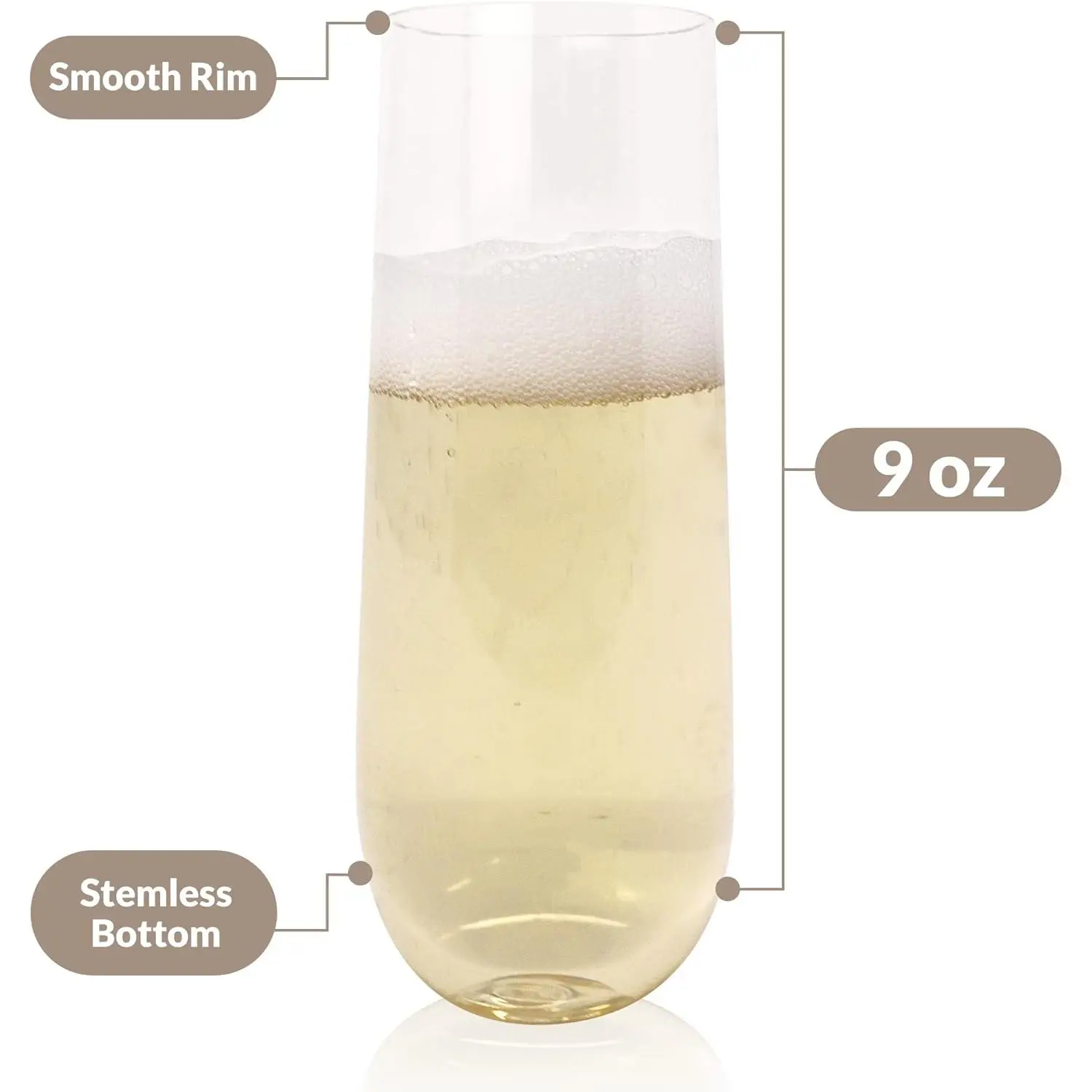 25 Pack Premium Clear Plastic Champagne Flutes, 9 oz Stemless Disposable Glasses, Perfect for Parties and Celebrations