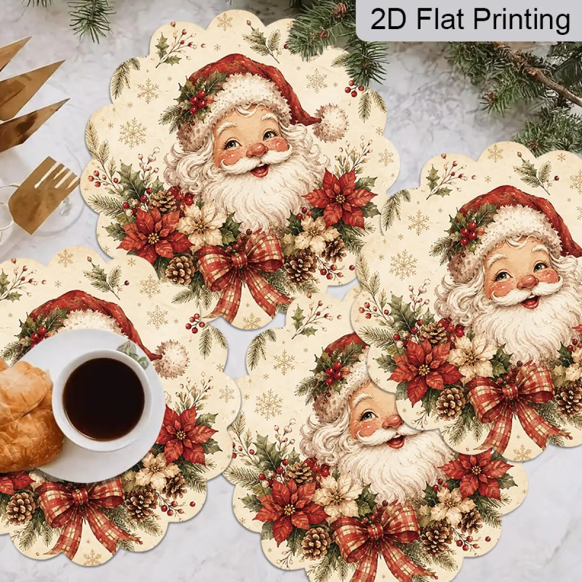 2D Flat Christmas Placemats, Set of 4, Santa Claus Reindeer Gingerbread Man Print Table Mats, Christmas Holiday Tabletop Decor, Fall & Winter Themed Dining Table Decor, Home Decor, Fall Winter Decor, Holiday Gifts for Family Friends, Christmas Decor Gifts