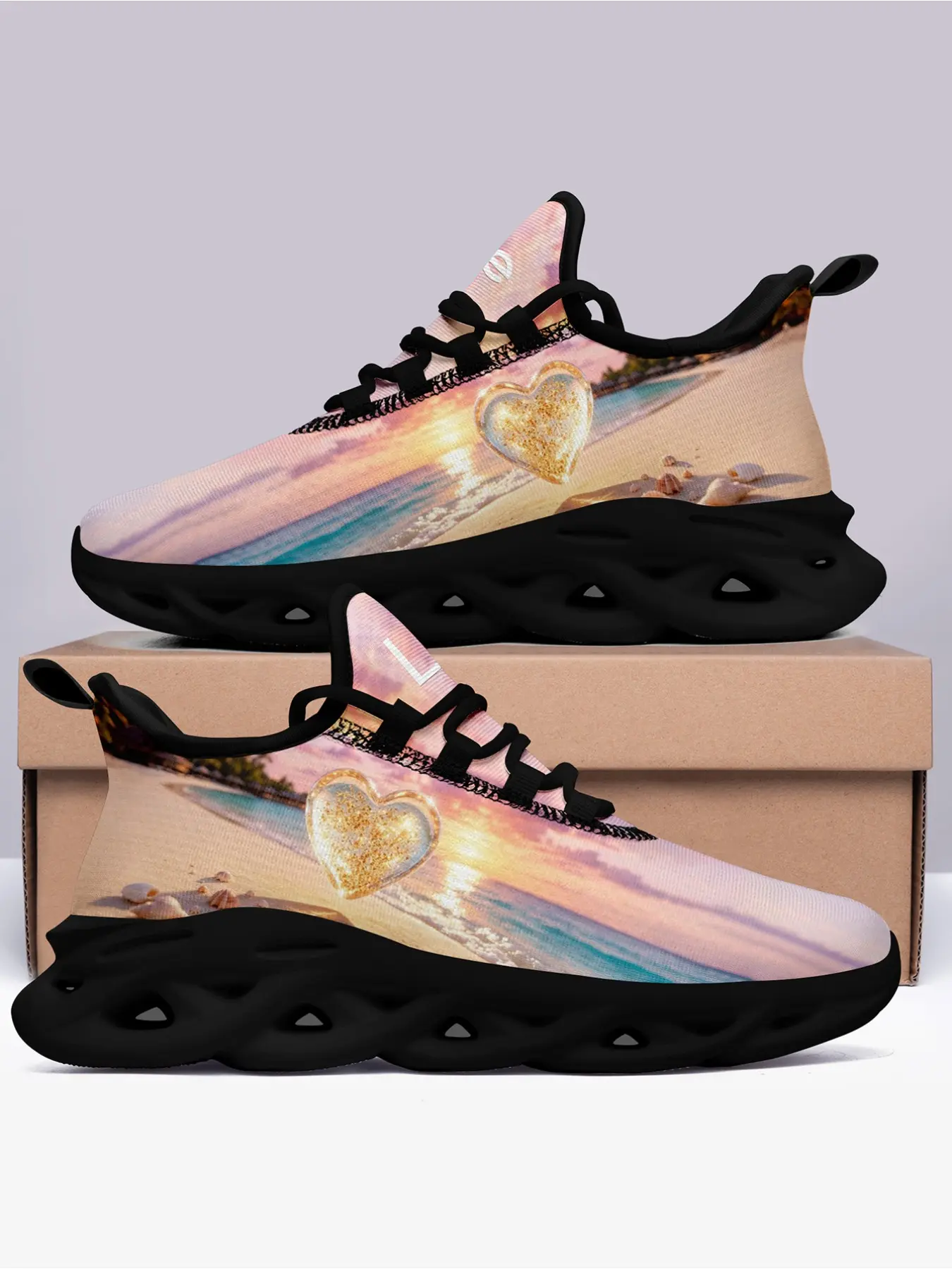 Men's Tropical Romance Shoes, Romantic Beach Sunset Seascape Sparkling Heart Graphic Breathable Fashion Outdoor Athletic Sneakers