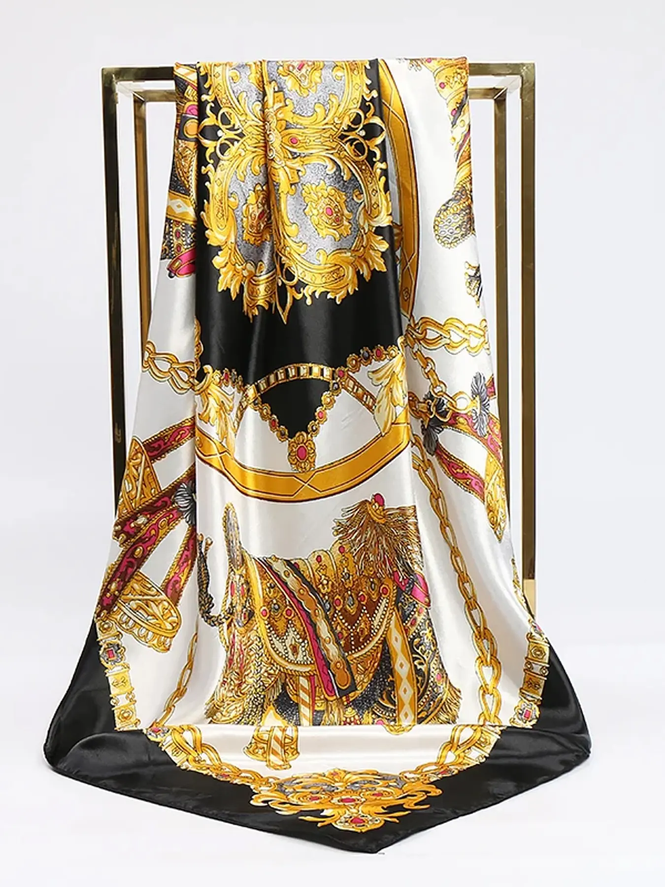 5 Color Baroque Elephant Golden Chain Satin Scarf, Casual Fitted Silk Scarf, All Seasons, Chain Print Pattern, Elegant Accessory