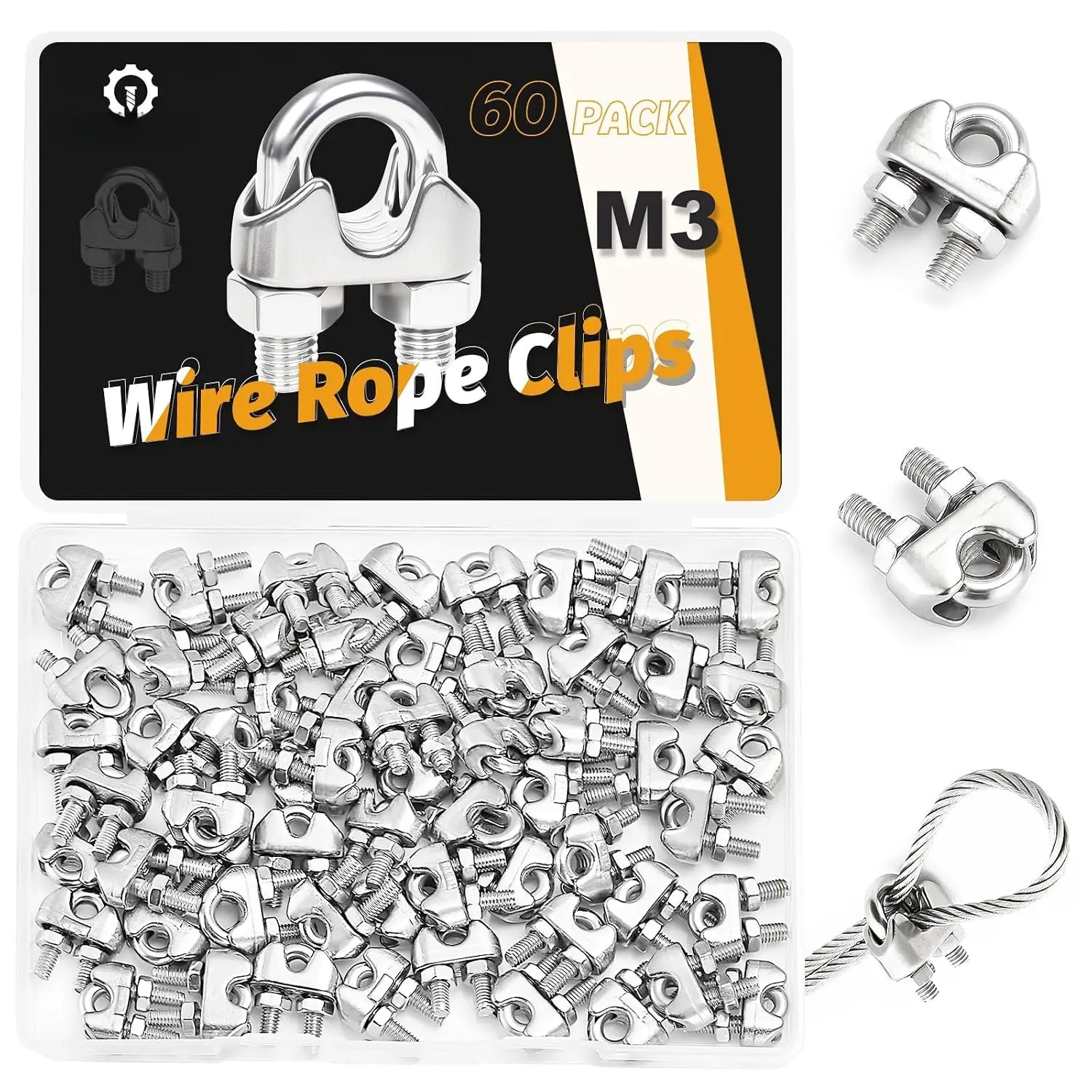60 count M3  Clamps 304 Stainless Steel Wire Rope Clips | 1/8  clamps wire rope clamp for picture  lighting  two-way clamp