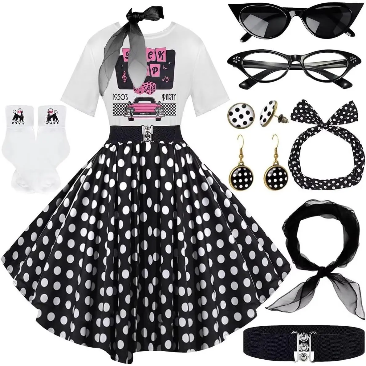 10Pcs Sock Hop Outfits Women, 1950s Poodle Skirts, T-Shirt with 50s Accessories Socks Scarf Headband Belt Earring