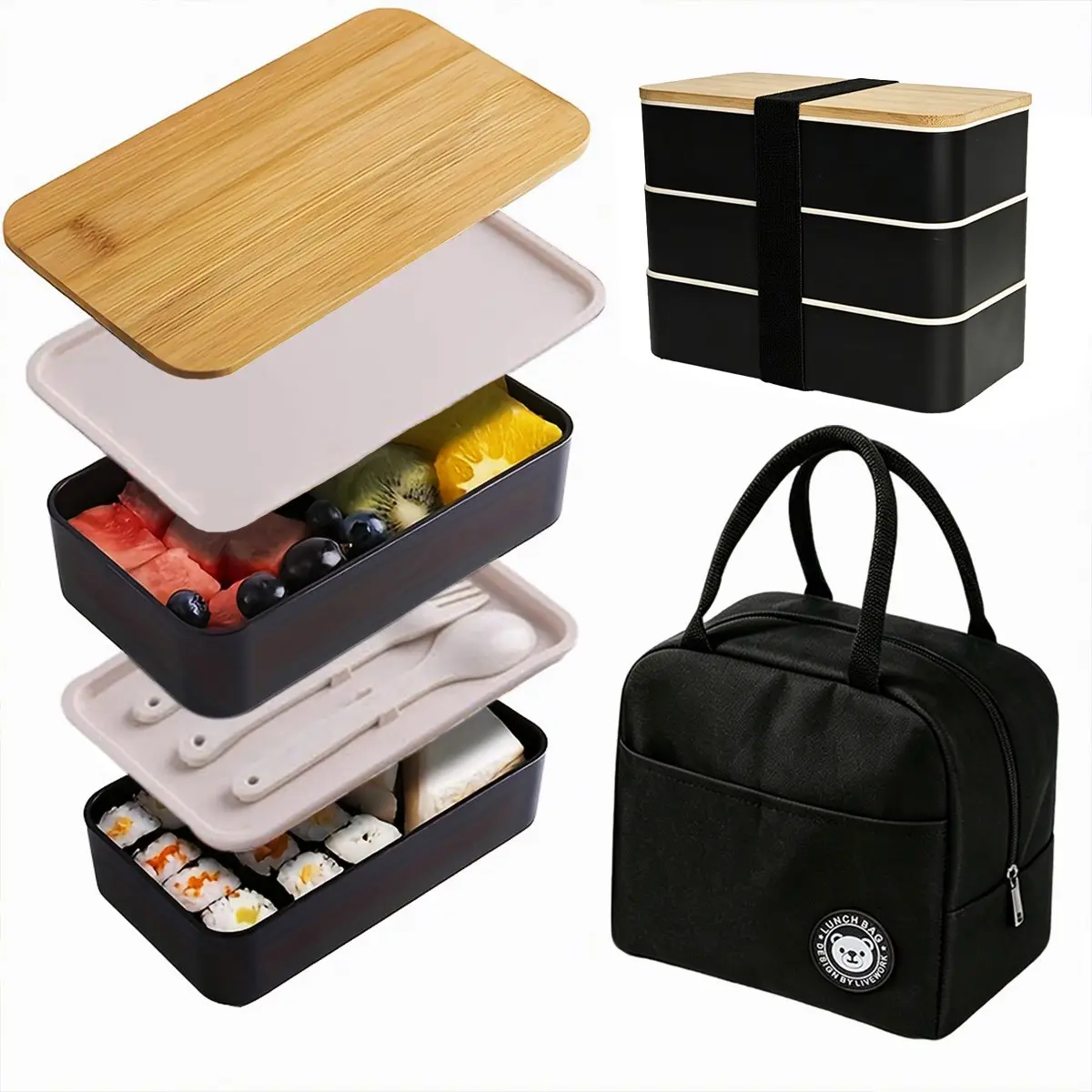 Three-Layer Bento Box Set, and, Japanese Style Bamboo Lid, Reusable, Leak-Proof, Microwave Safe, Includes Utensils