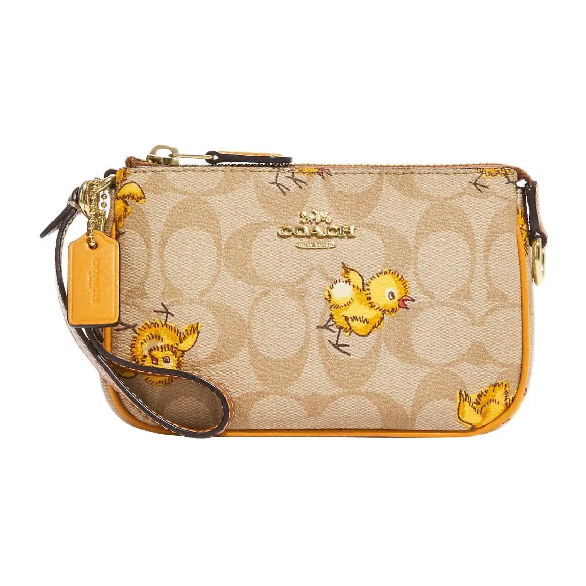 COACH Nolita 15 Chicken Cartoon Print Chain Wristlet Clutch Bag for Women, Khaki and Yellow