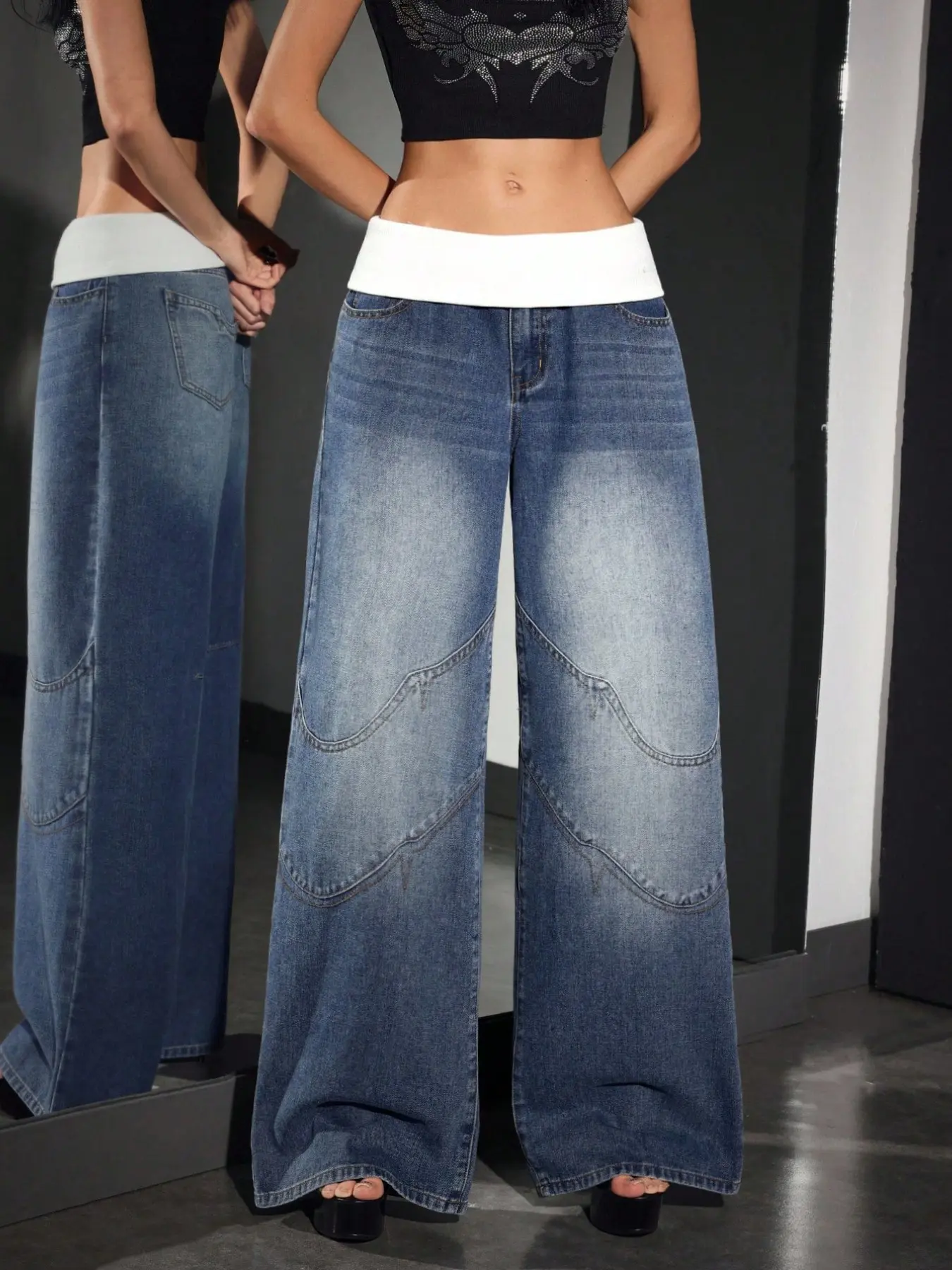 Women's Loose Fit Pocket Wide Leg Low Waist Jeans Pants, Casual Denim Jeans with Folded Ribbed Waistband, Stylish Aesthetic Design for Everyday Wear, Oversized