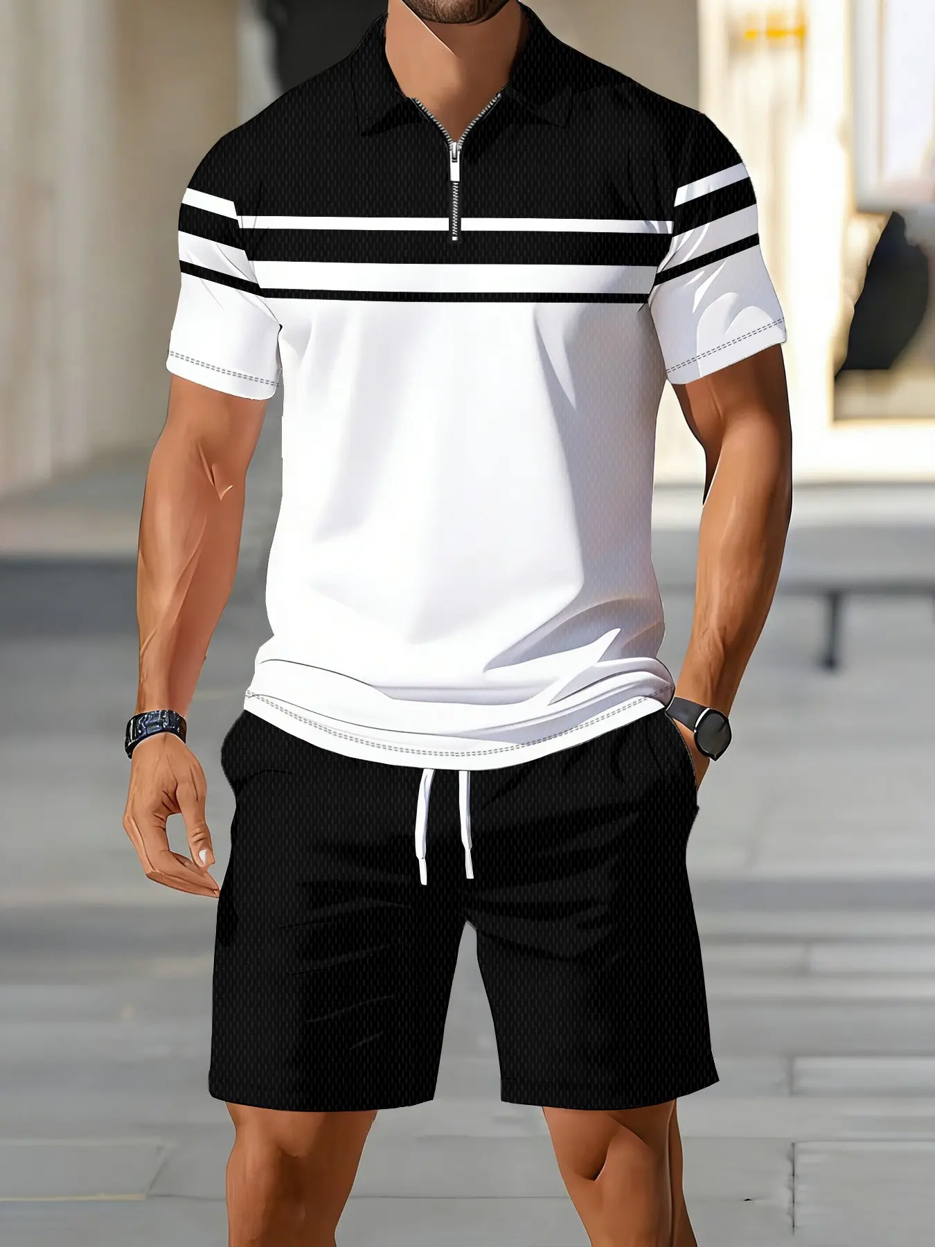 Men's Casual Short Sleeve Polo Shirt Set, Striped Collar Shorts Two Piece Set, Summer Breathable Sport Wear