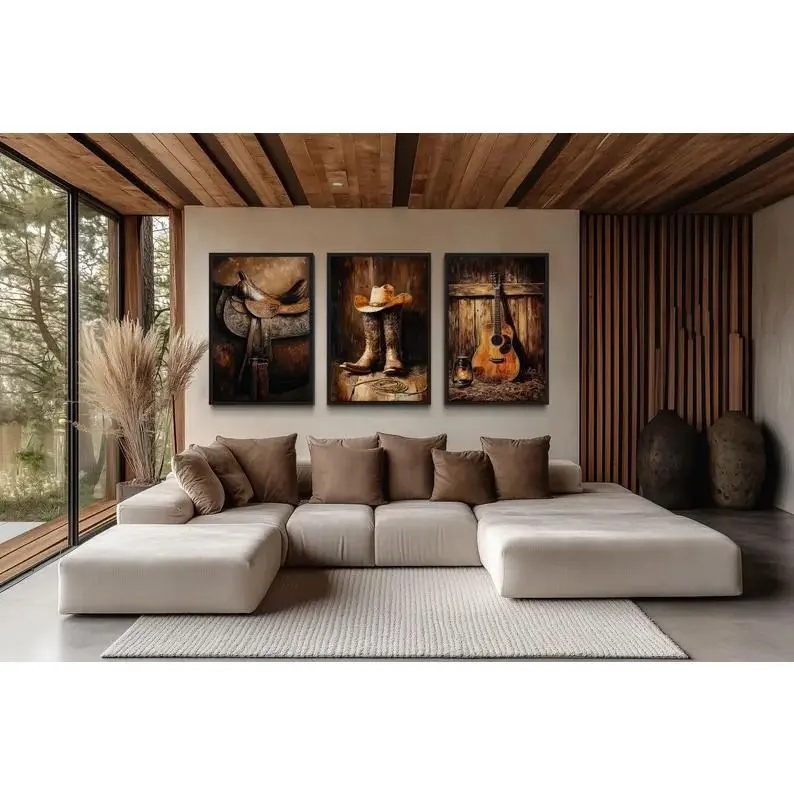 Set of 3 Western Wall Art, Cowboy Wall Decor - Horse Saddle, Boots And Hat And Country Guitar Painting Canvas Print Ready To Hang
