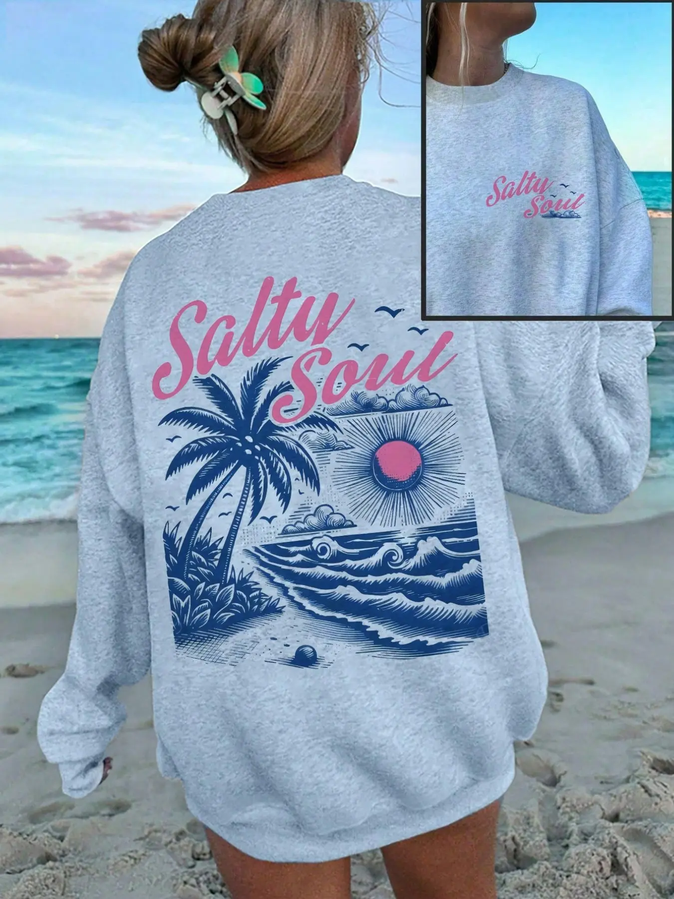 Women's Fall Sports Jersey, Salty Soul Letter Palm Tree Print, Long Sleeve Round Neck Pullover Sweatshirts, Casual Loose Fit, Fashion Daily Top