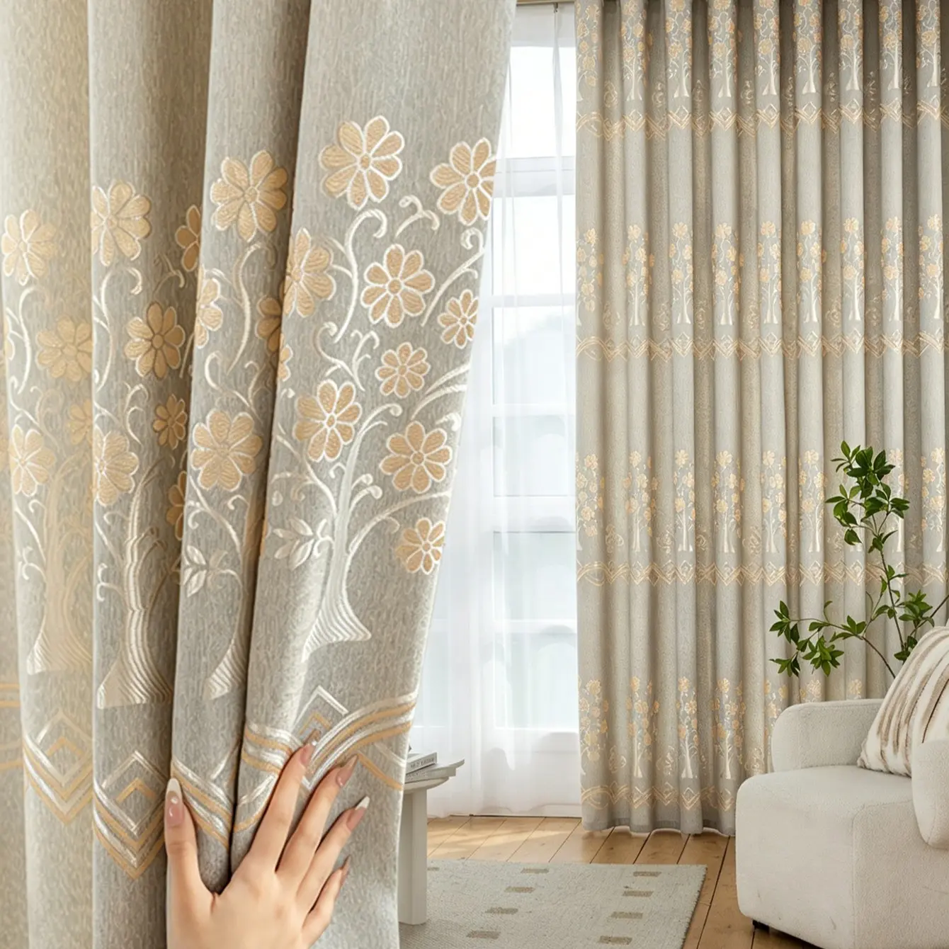 1pc Creamy Style Curtain, Low Saturation Base with Lucky Tree Texture, Segmented Embroidery, Hole Punch, Light Blocking, Insulation, Cozy Home Atmosphere