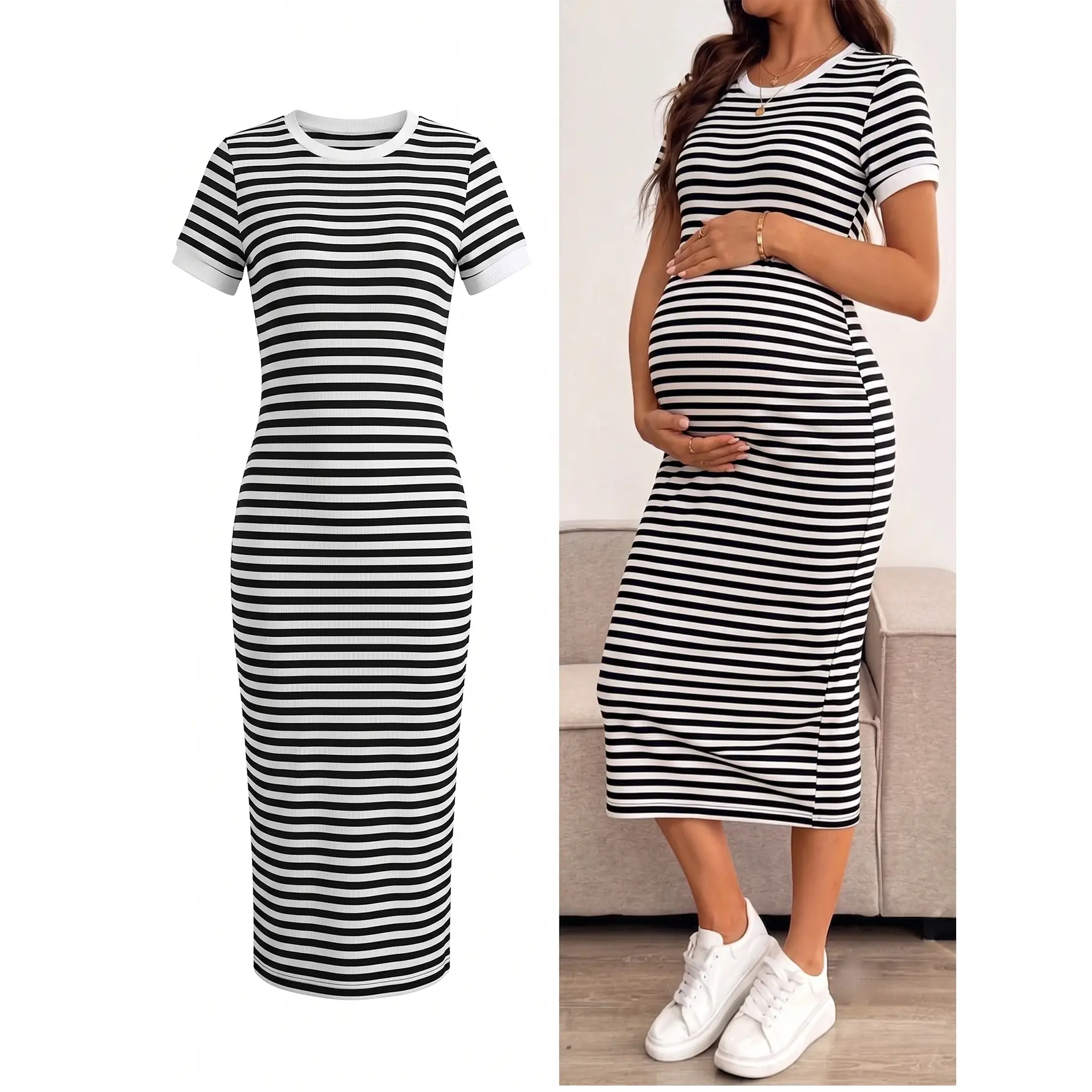 Women's Summer Striped Crew Neck Short-Sleeve Slim-Fit Hip-Hugging Maternity Dress - Breathe Stretch Polyester Blend, Modest Party Wear, Bump-Friendly Casual Dress for Girl Mamas